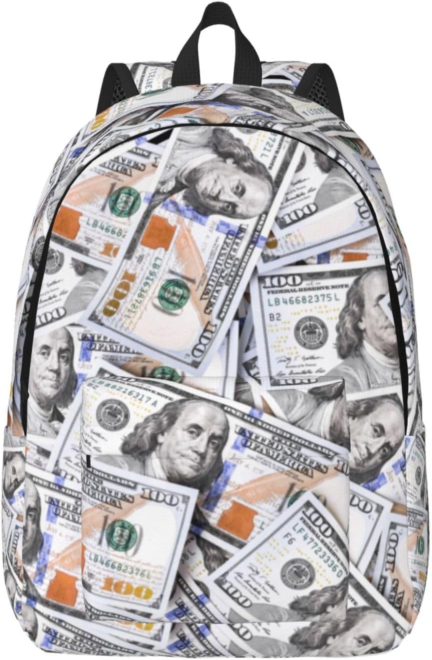 Fun Money Dollar Novelty Backpack for Girls Boys Women Lightweight Canvas Bookbag Casual Daypack for Travel Outdoor Camping, 15 Inch