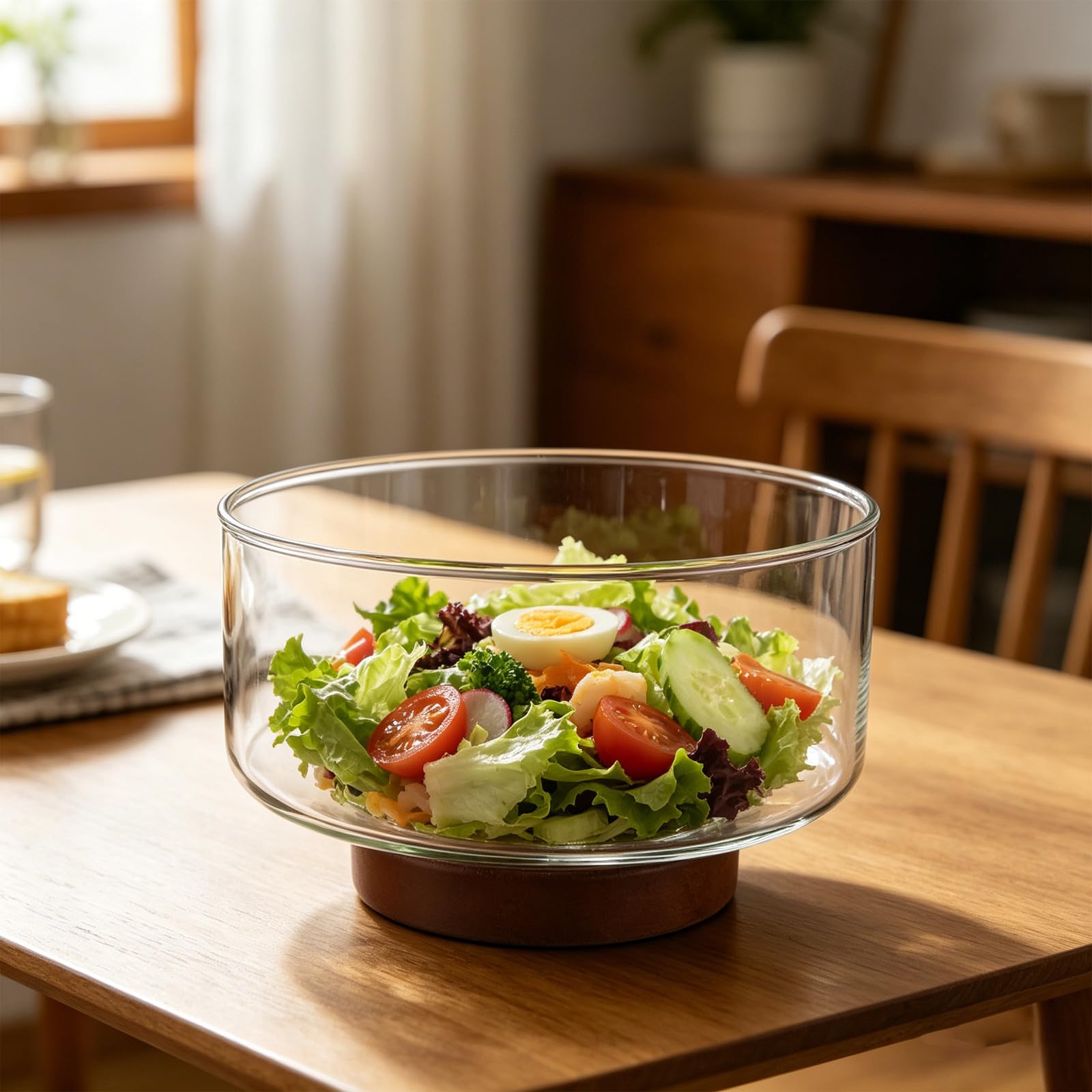 MAGICLULU Bol de Ensalada de Vidrio con Base de Madera, Capacidad de 1.7l, Resistente Temperatura y Fácil de Limpiar, Adecuado para Servir Ensaladas en Cocina Moderna