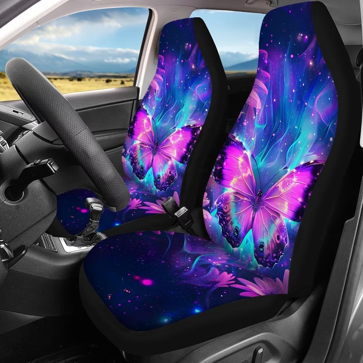 Galaxy Butterfly Car Seat Covers Set Front and Rear Vehicle Seat Covers Washable Elastic Bench Protector 4Pcs Auto Interior Set, Easy to Install