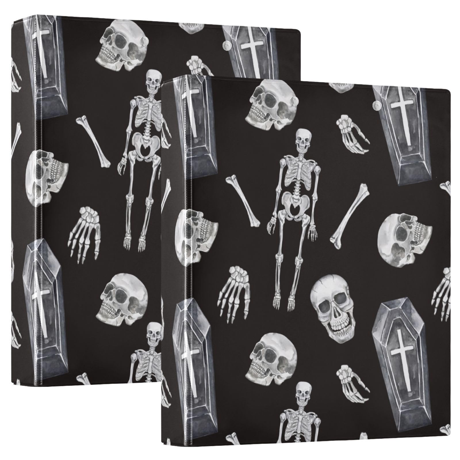 Vuiyean Coffin Skull Skeleton Binder 1.5 Inch Binder with Clipboard&Pockets, Black and White Goth Hardcover Binders 3 Ring Heavy Duty File Folder for Office School Supplies-Holds 200 Sheets, 2 Pack