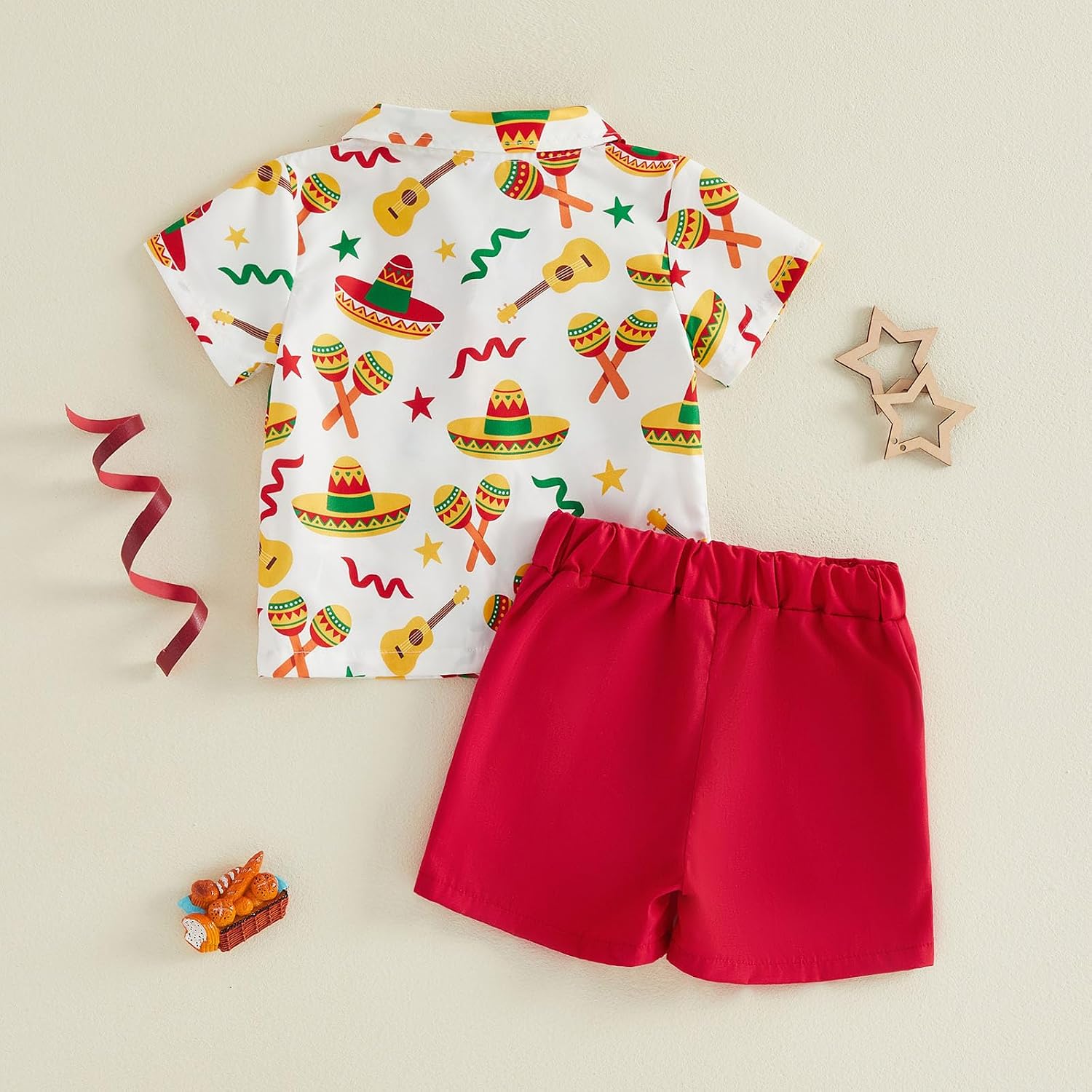 Baby Boy Mexican Clothes Short Sleeve Maracas Guitar Print Button Down Shirt Bermuda Shorts Kids Cinco De Mayo Outfit