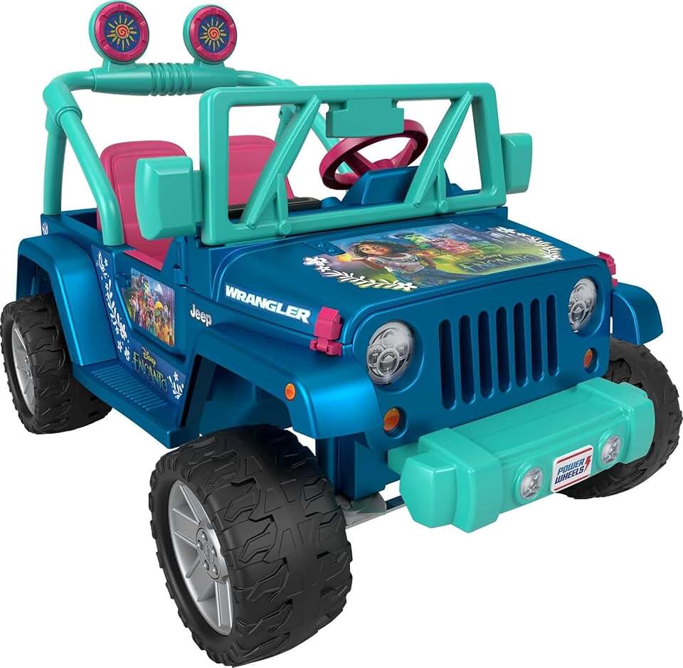 Power Wheels Disney Encanto Jeep Wrangler Ride-On Toy with Sounds & Pretend Lights for Preschool Kids Ages 3+ Years, Seats 2