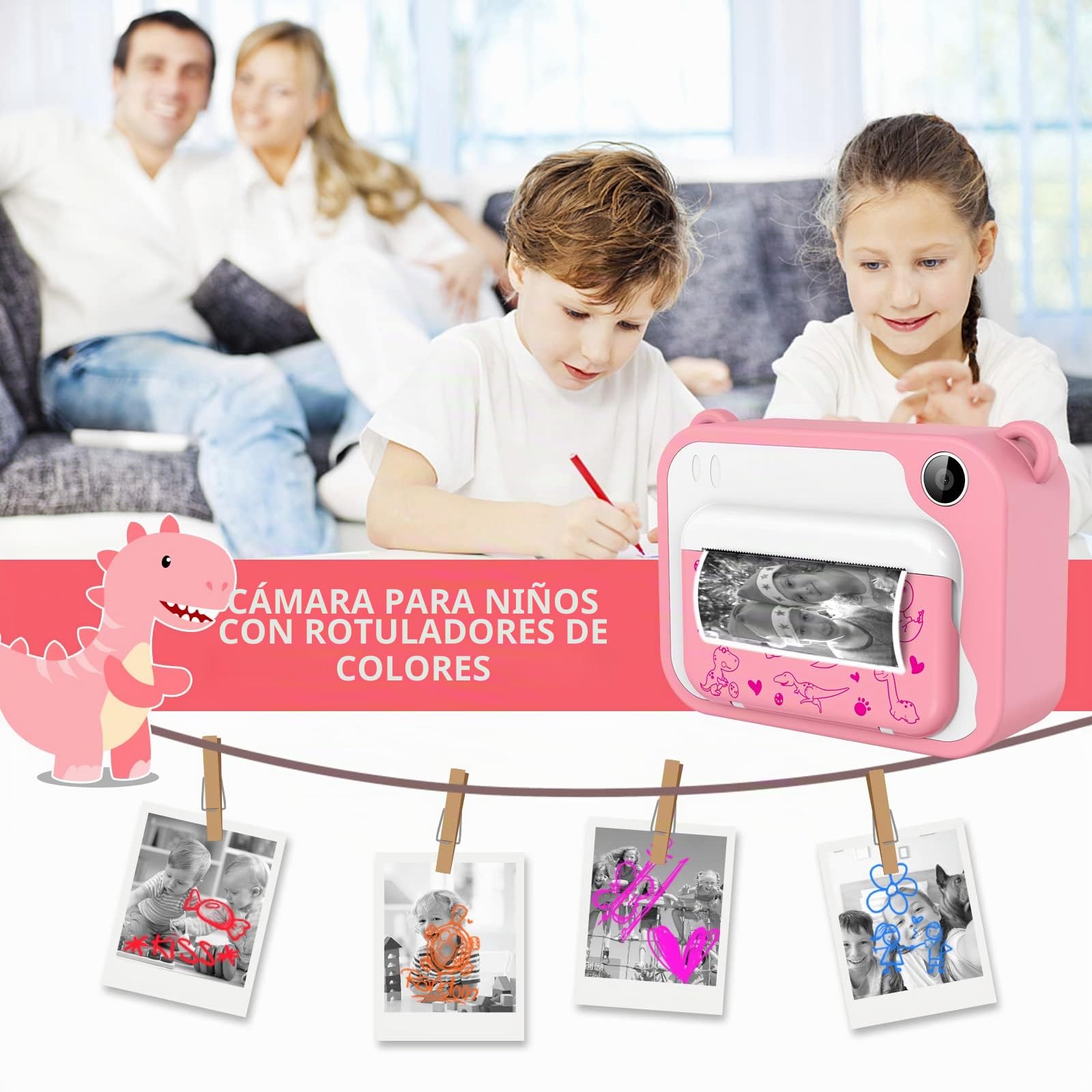 Ushining - Cámara de fotos de impresión instantánea para niños, cámara digital con pantalla de 2,4 pulgadas, tarjeta TF de 32 GB, 3 rollos de papel de impresión, regalo para niñas niños de 3 a 12 años