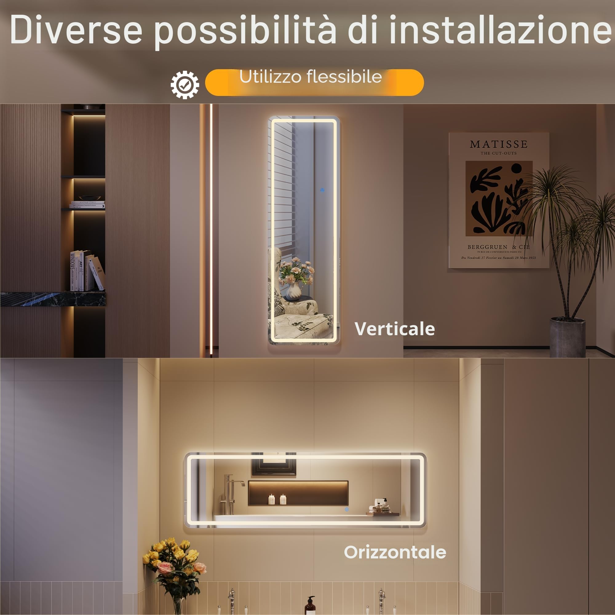 ZKIODV Specchio da parete 160 x 50 cm, con illuminazione, specchio a LED grande, grande specchio illuminato, con supporto per camera da letto, soggiorno, corridoio (nero)