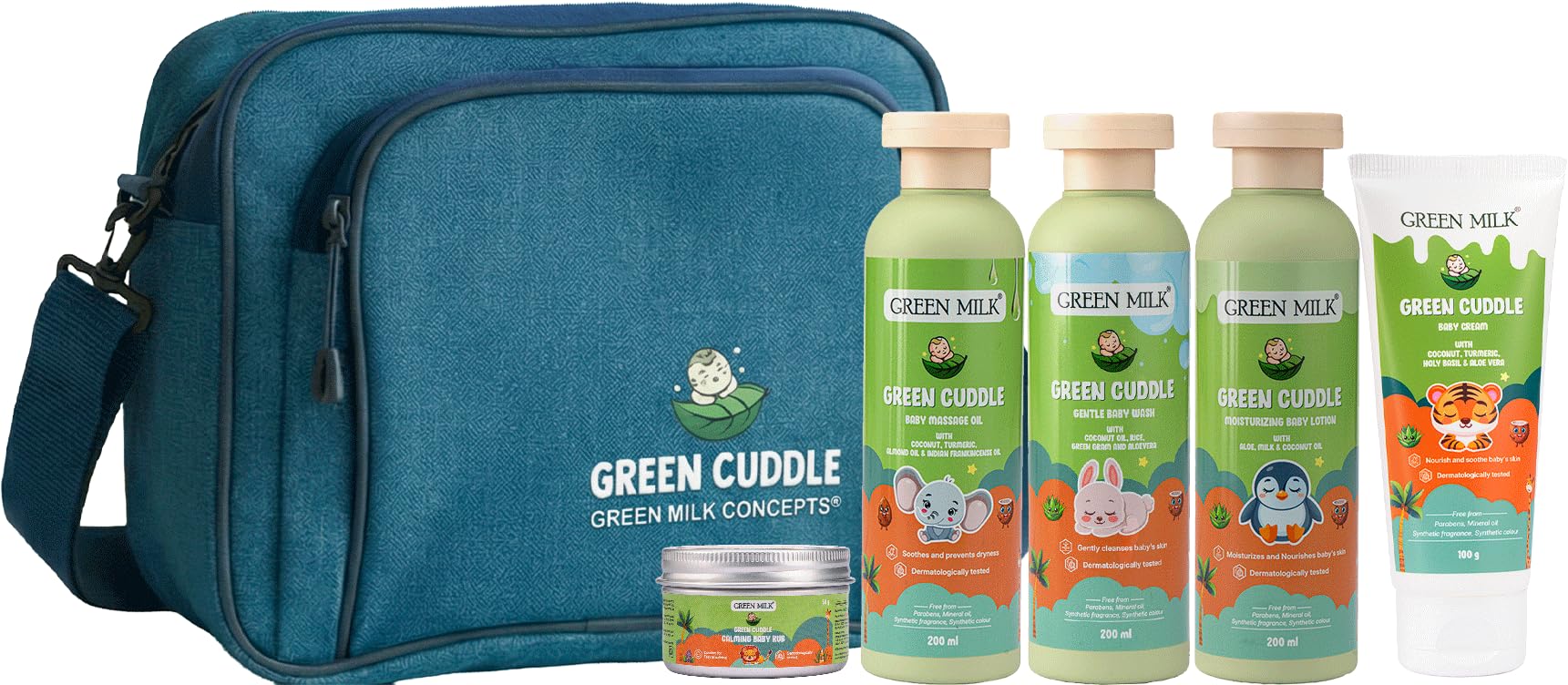 Green Milk Green Cuddle Baby Care Bundle | Ayurvedic Daily Baby Kit with Massage Oil, Wash, Lotion, Nappy Cream & Rub | Gentle, Clean & Paraben-Free | Daily Care for Soft & Nourished Skin-image-25