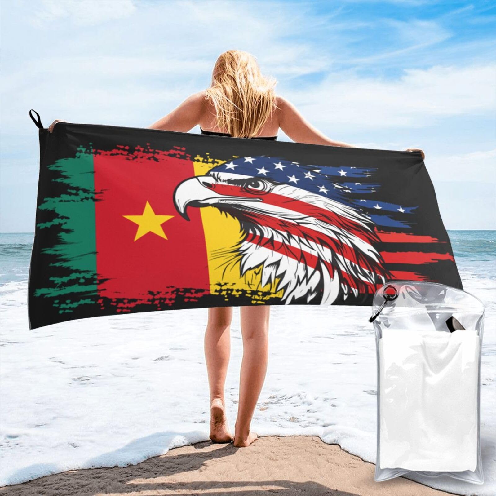 HACXZ America Flag and Cameroon Cameroonian Flag Microfiber Beach Towel Lightweight Absorbent Travel Pool for Men Women 27.5"X55"