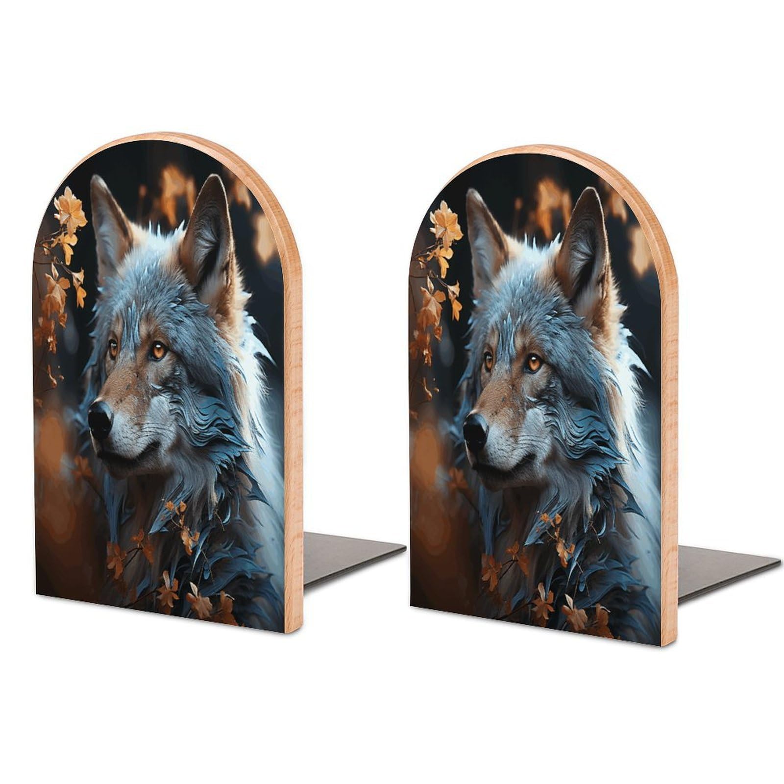 Autumn Leaves and A Wolf Bookend Wood Book End for Shelves Heavy Duty Non-Slip Wooden Bookend Support Universal Economy Bookends Fancy Modern Decorative Book Accessories 1 Pairs