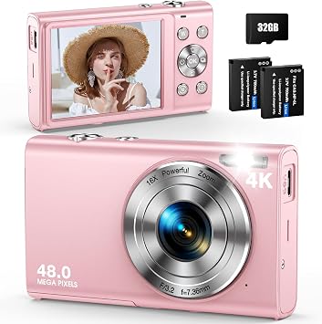 4K Digital Camera, 16X Digital Zoom, Autofocus 48MP Vlogging Camera, Pink