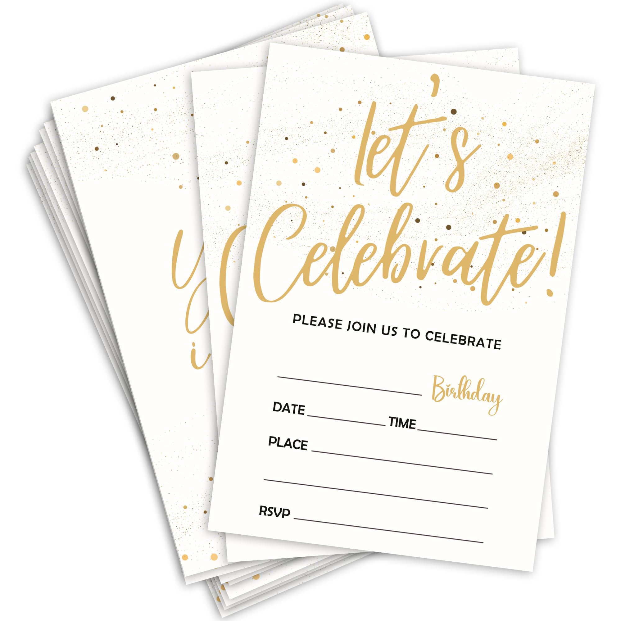 IKFRGN Let's Celebrate! Gold Dot Birthday Invitations-Gold Glitter Party Invites For Adult & Teens-20 Cards with 20 Envelopes-Birthday Party Favors &