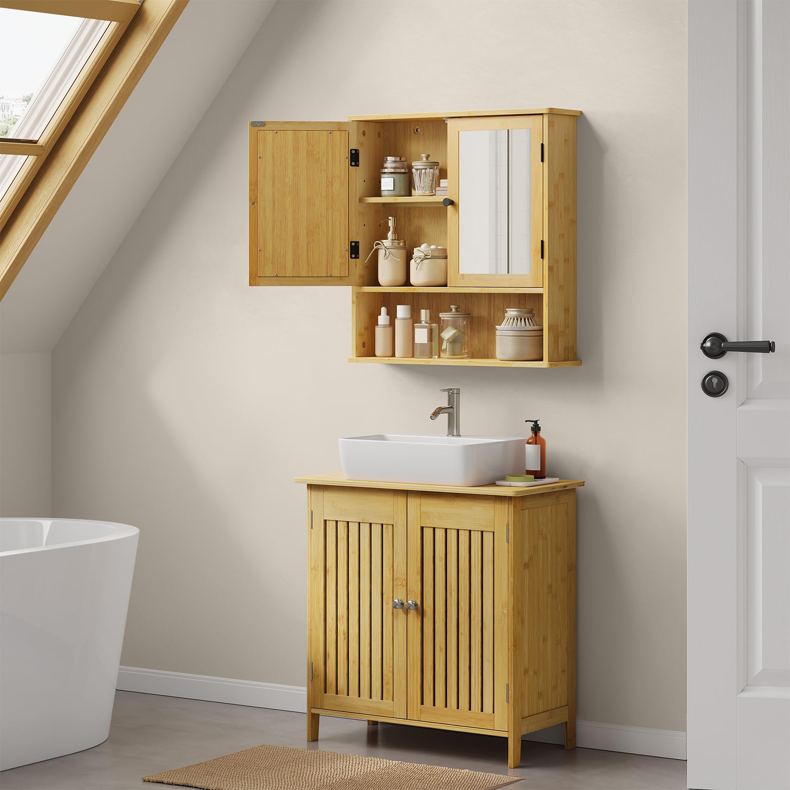 EUGAD Armario Baño de Bambú, Armario Baño Pared con Puertas de Espejo, Mueble con 1 Estante Ajustable y 1 Compartimiento Abierto, Cocina y Dormitorio, 56x14x58 cm