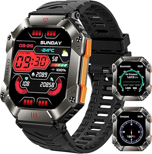 Miniatura 1 de Military Smart Watch for Men 2.0" HD with Elevation Barometer Compass Fitness Tracker with IP68 Waterproof Heart Rate Sleep Monitor 650 mAh Outdoor