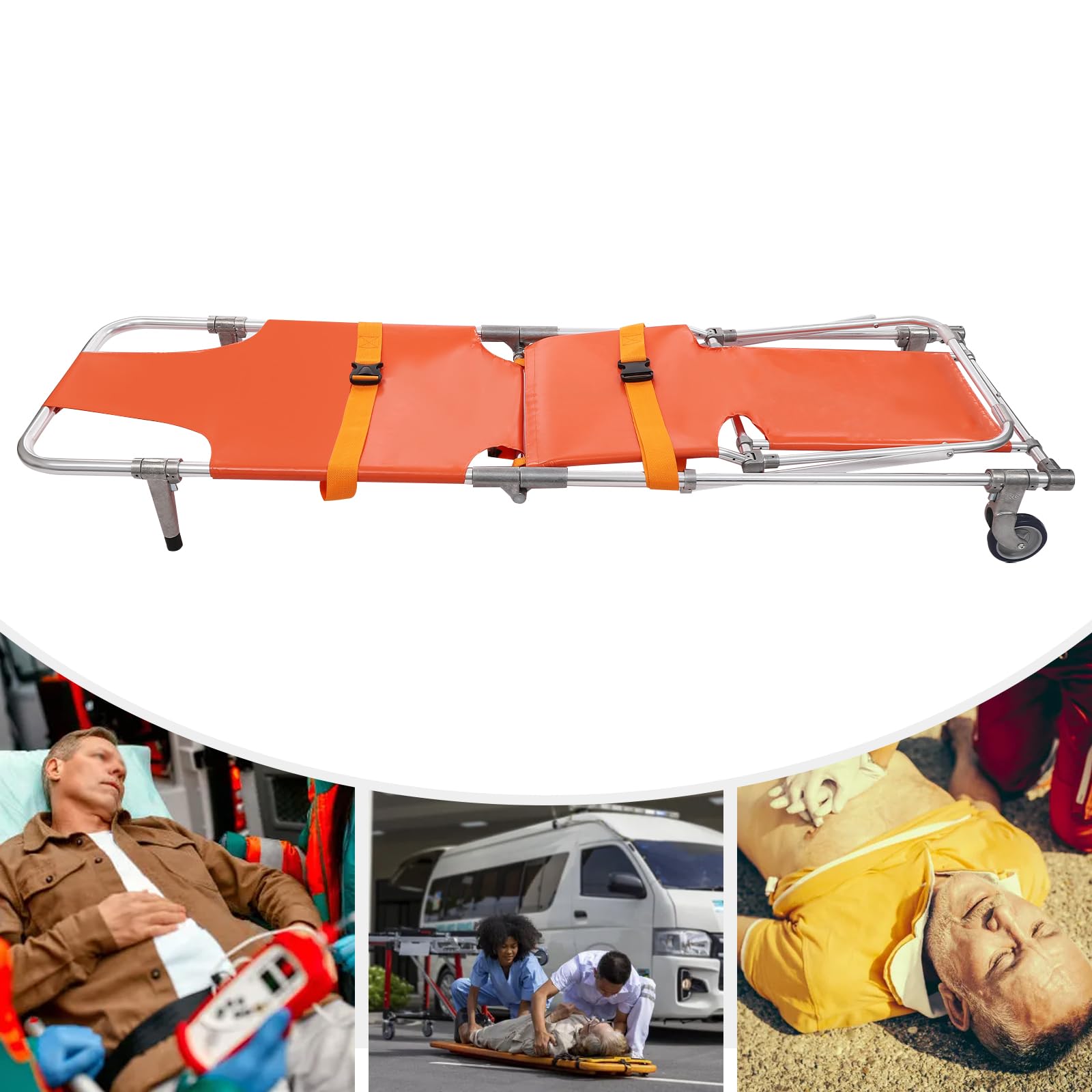 Camilla plegable para escaleras de hasta 160 kg, portapacientes de aluminio, 8 kg, plegable, con cinturones de seguridad y 2 ruedas, transportador de primeros auxilios profesional