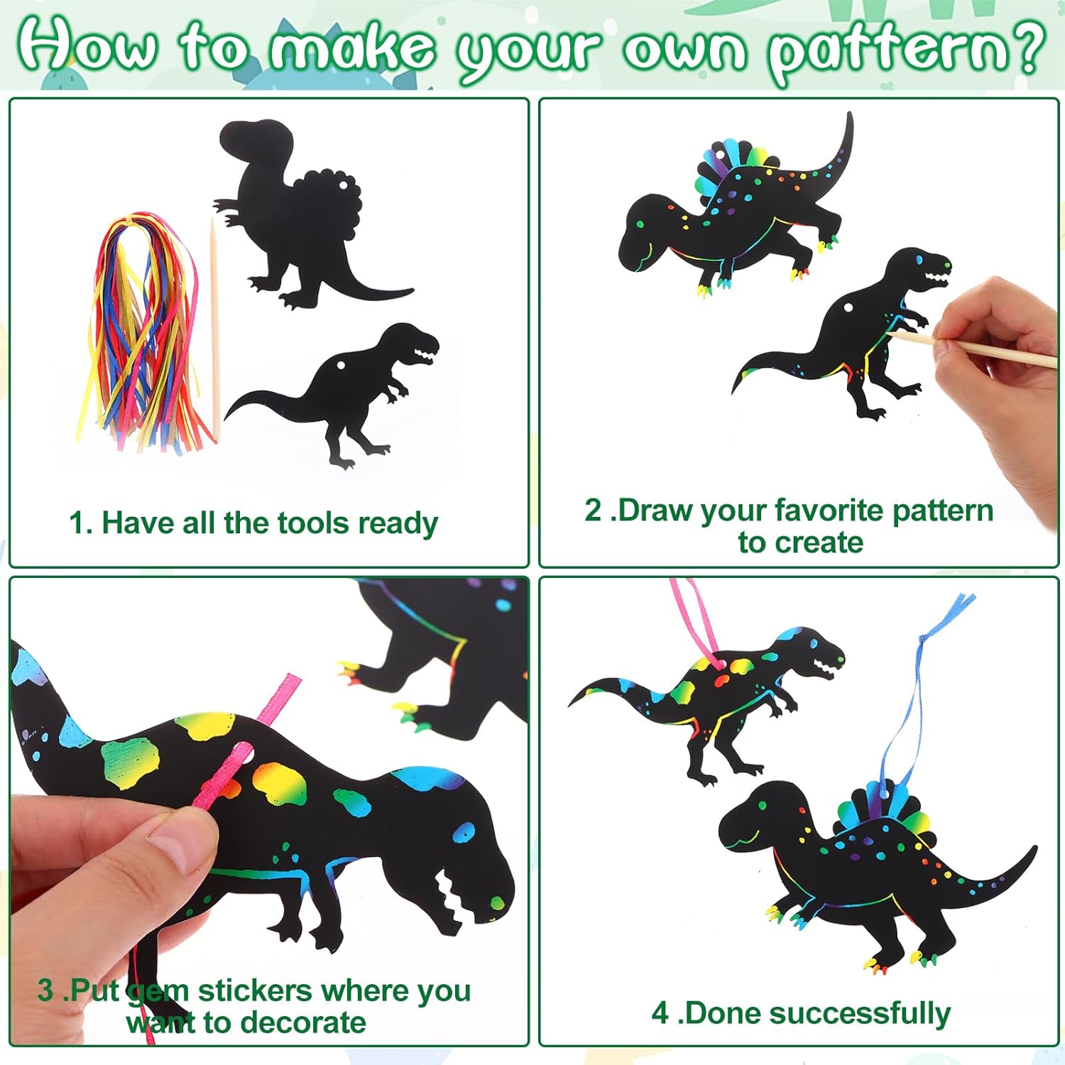 Droutti 64 Sets Dinosaur Theme Scratch Cards Rainbow Scratch Paper Dinosaur Crafts Art Card Kit DIY Scratch Dinosaur Paper with Wood Stylus and Ribbon for Classroom Craft Birthday Party Supplies