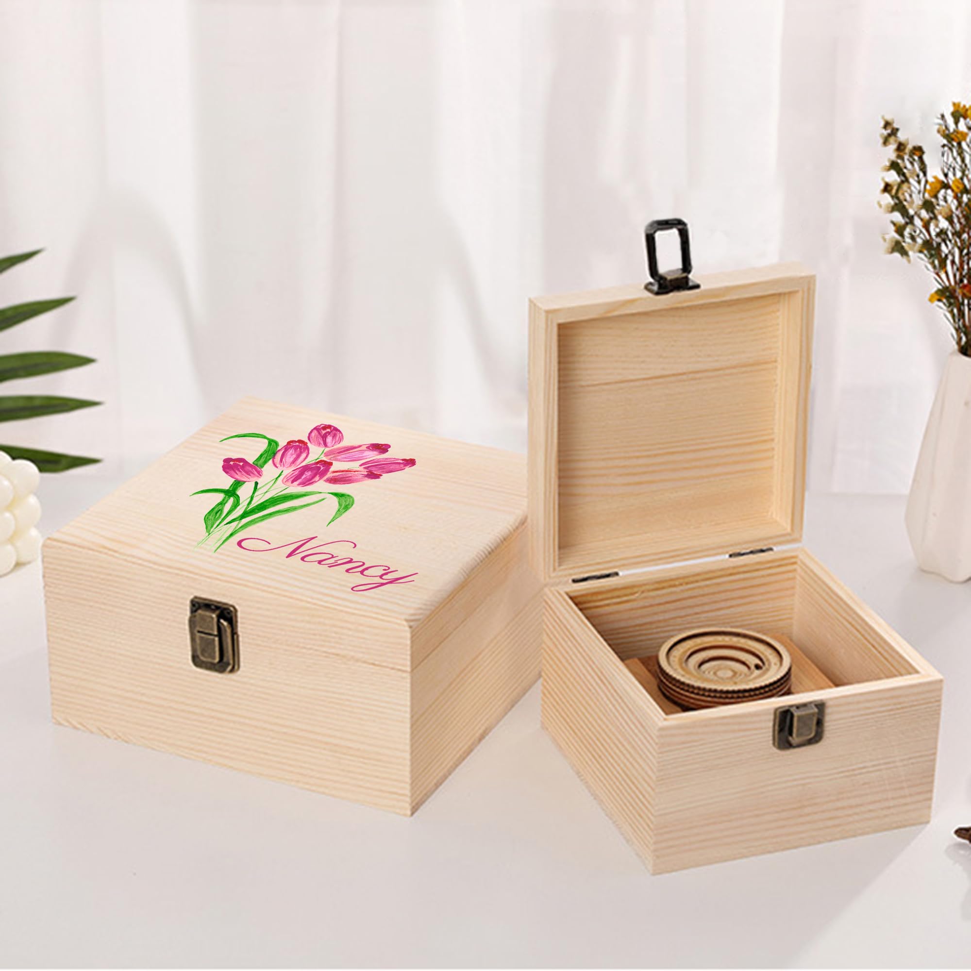 Personalized Wooden Keepsake Memory Box with Birth Flower & Name, Custom Wood Decorative Storage Box with Lids Customized Christmas Gift Box for Women Teen Girls Mom Birthday Gifts