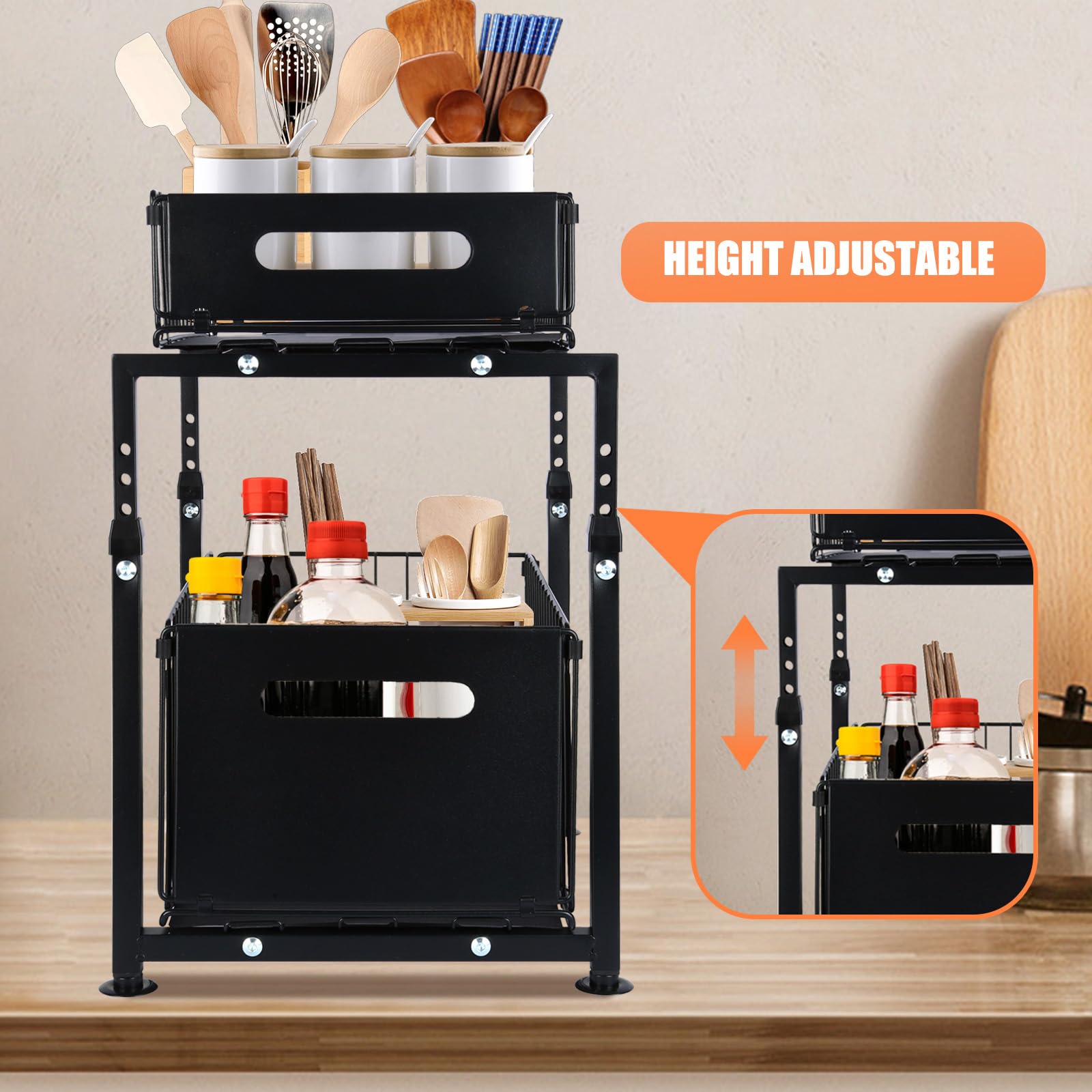 OHMG Organiseurs de Placards,Bac de Rangements sous Evier 2 Niveaux Organisateur Coulissant avec 2 Tiroirs Porte-épices pour Comptoir de Cuisine Organisateur pour Salle de Bain, Cuisine, Bureau