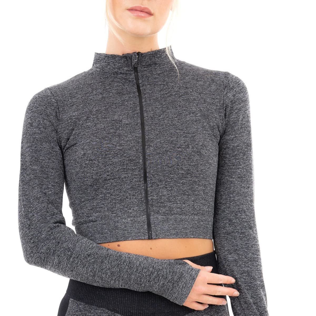 M17 Womens Ladies Sports Athletics Yoga Marl Rib Seamless Zipped Jacket - XL - Black