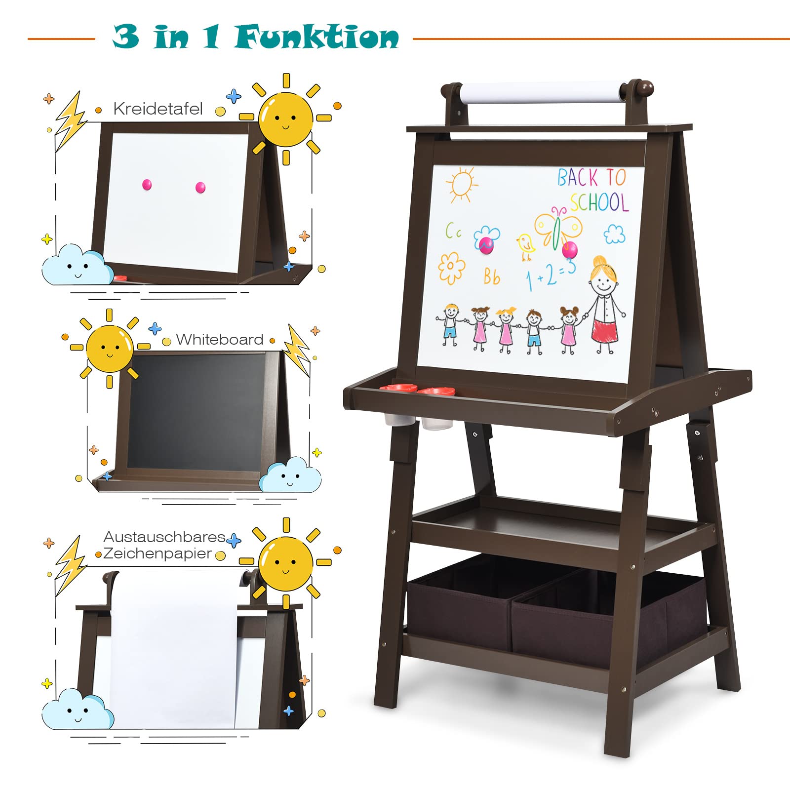 RELAX4LIFE 3 en 1 Pizarra Infantil, Caballete Pintura Niños con Rollo de Papel 5M, Caballete de Doble Cara con 3 Estantes, 2 Cajas, 2 Imanes y 2 Botes de Pintura, Regalo para Niños (Café)