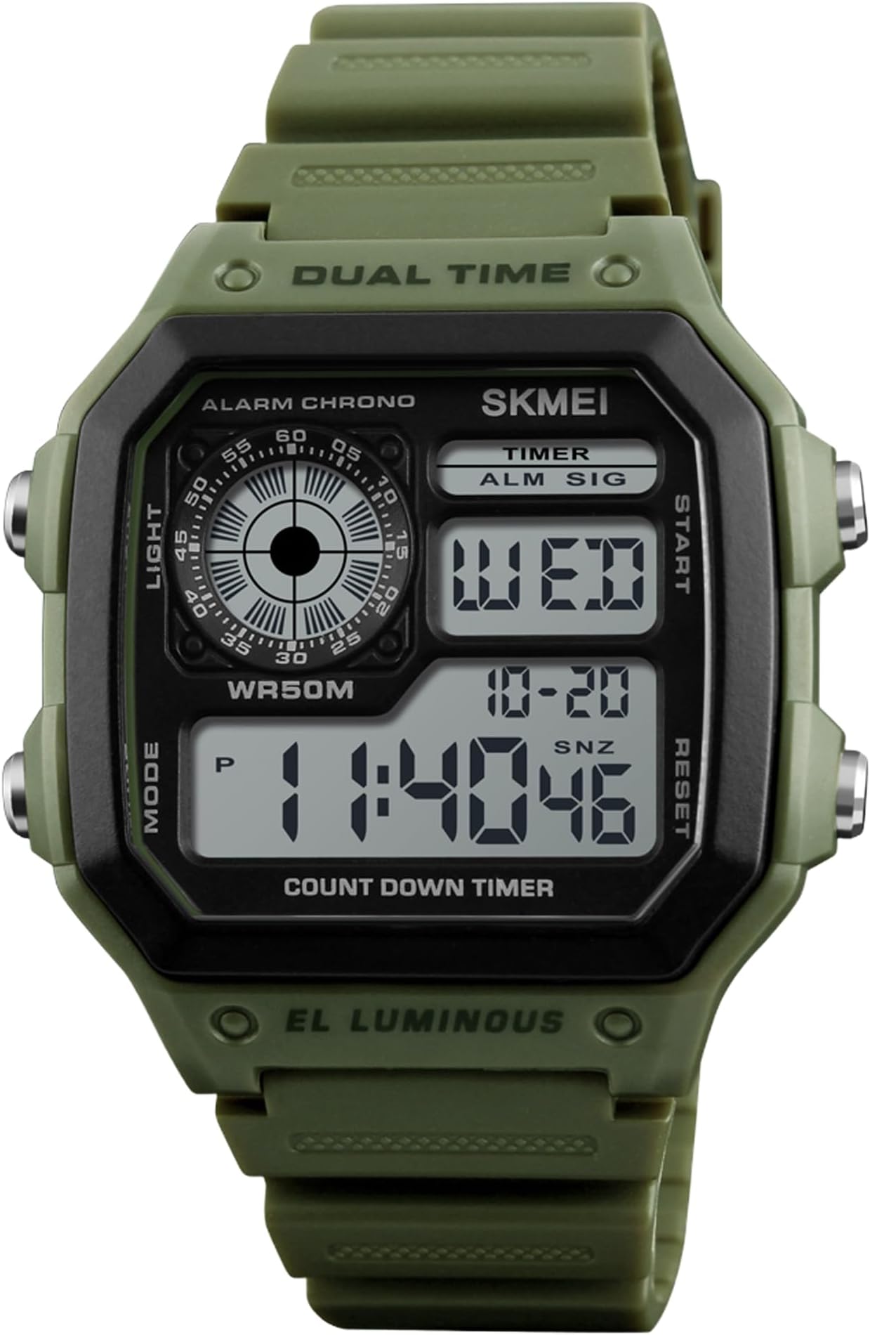 Men's Digital Sports Waterproof Wrist Watch with Dual Time Chronograph Countdown Alarm Backlight, Green, Chronograph,Digital