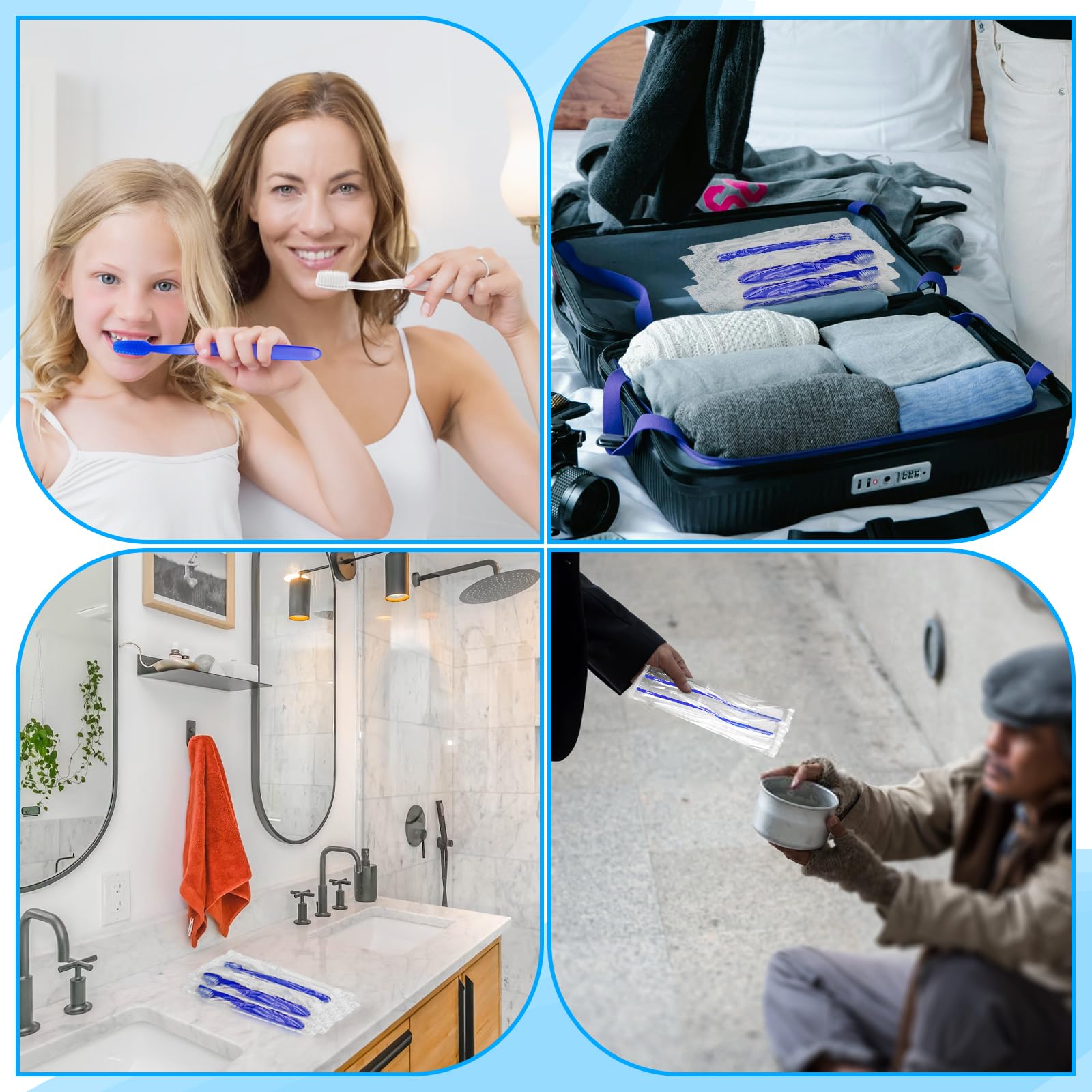 50 spazzolini da denti usa e getta preincollati, confezionati singolarmente, con setole morbide, set di spazzolini da denti da viaggio per senzatetto, regalo per hotel, campeggio, viaggi