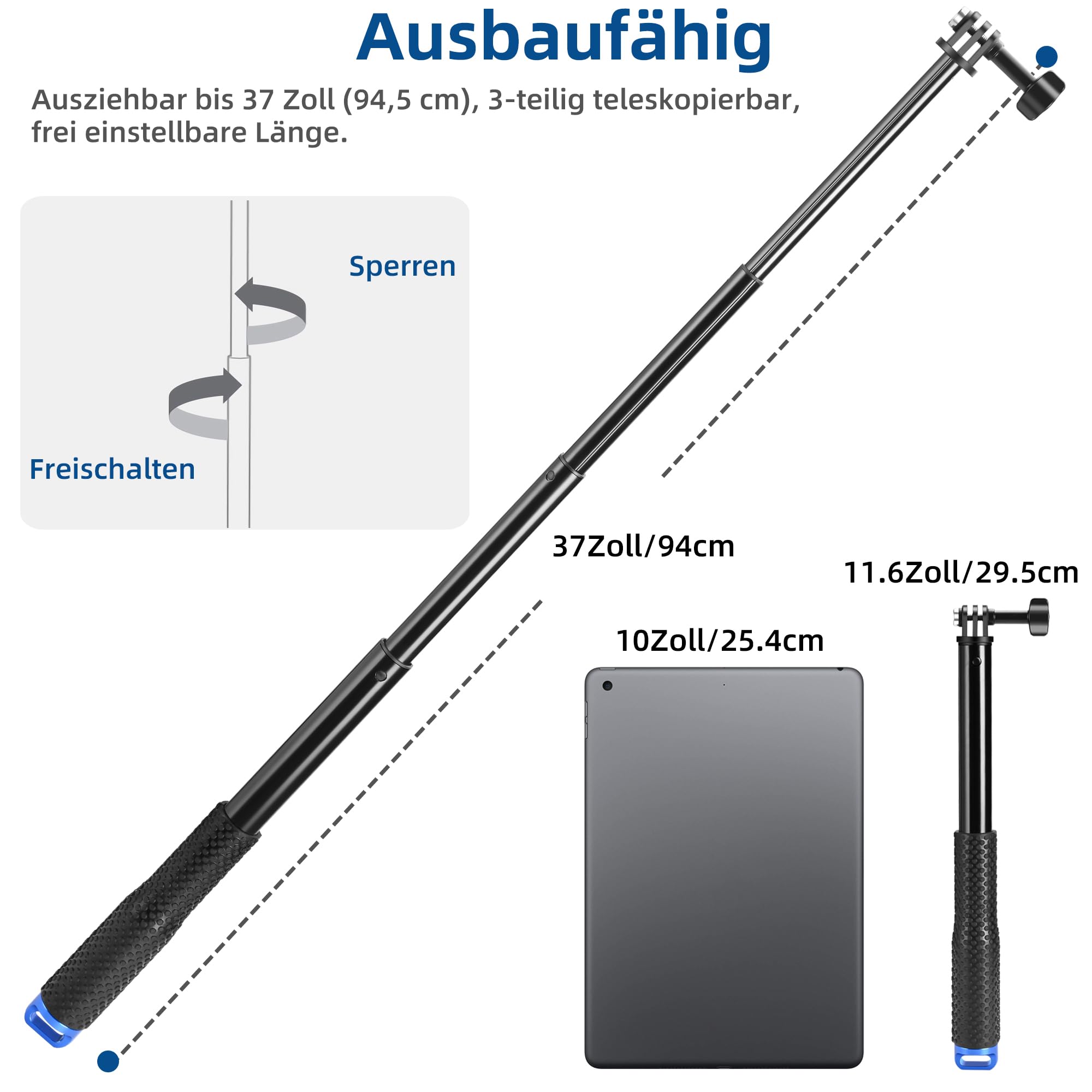 94cm Wasserdicht Selfie-Stick für GoPro, Ausziehbares Einbeinstativ für DJI Osmo Action 5 Pro/4/3, GoPro Hero 13/12/11/10/9/8/7/Max, AKASO EK7000 Action-Kameras