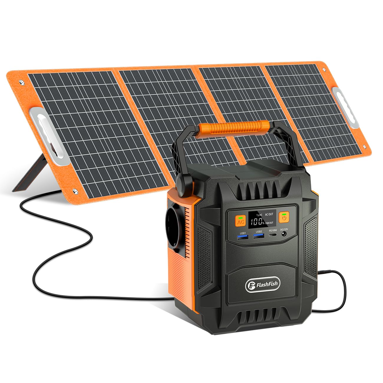 FlashFish 200W Estación de energía portátil con panel solar de 100 W, generador solar de 172,8 Wh con iluminación LED, batería para generador de energía de emergencia para camping, aventura