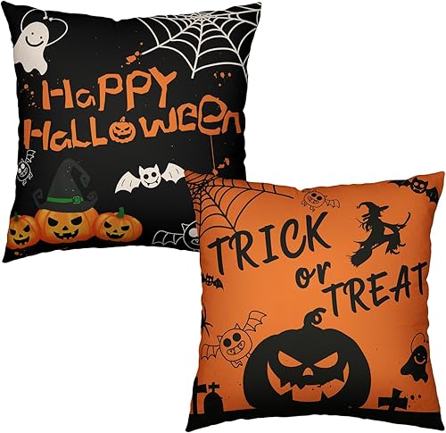 Fundas de almohada de Halloween de 16 x 16 pulgadas, protector de almohada de calabaza aterradora, murciélagos negros, bruja, juego de 2 fundas de disponible en Yaxa Peru
