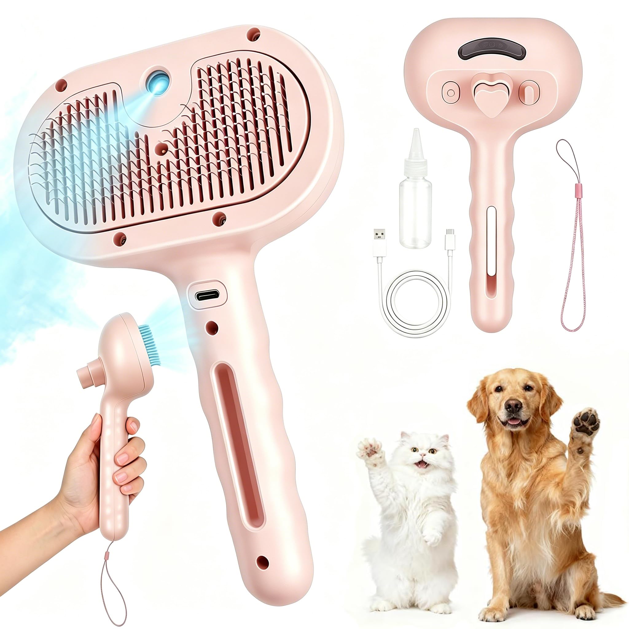 Cepillo de vapor para gatos 3 en 1, cepillo para gatos con botón de vapor y liberación, herramienta de aseo para mascotas de interior, eliminación de pelo, agua para animales pequeños, pelo largo y