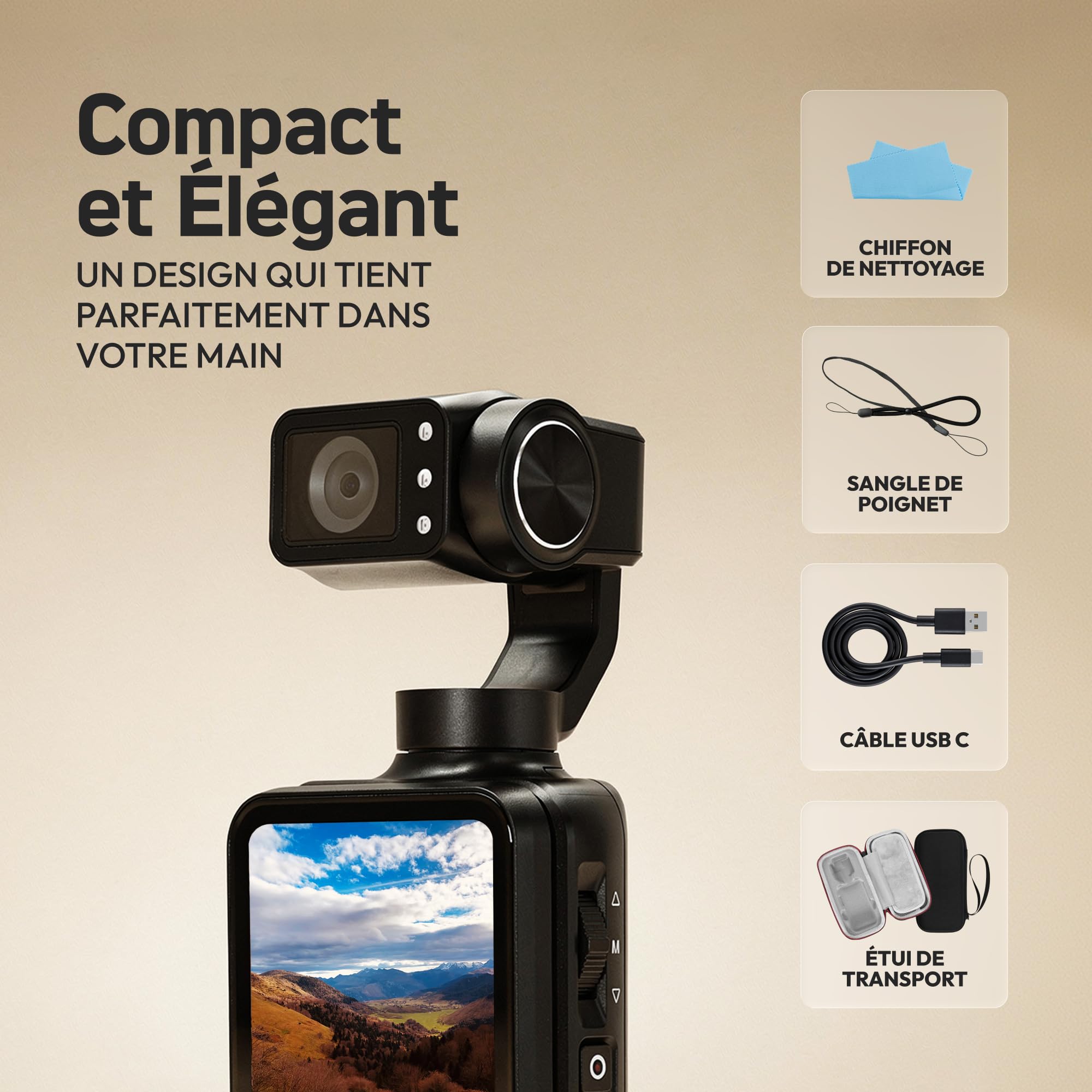 AGFAPHOTO - Caméra de Vlog - Realimove MC3X - Stabilisation 3 Axes, 4K Ultra HD 20MP, Écran Tactile Rotatif 3,5", Wi-FI, Suivi de Visage, Vision Nocturne IR, Grand Angle 120°, Caméra d'action - Noir