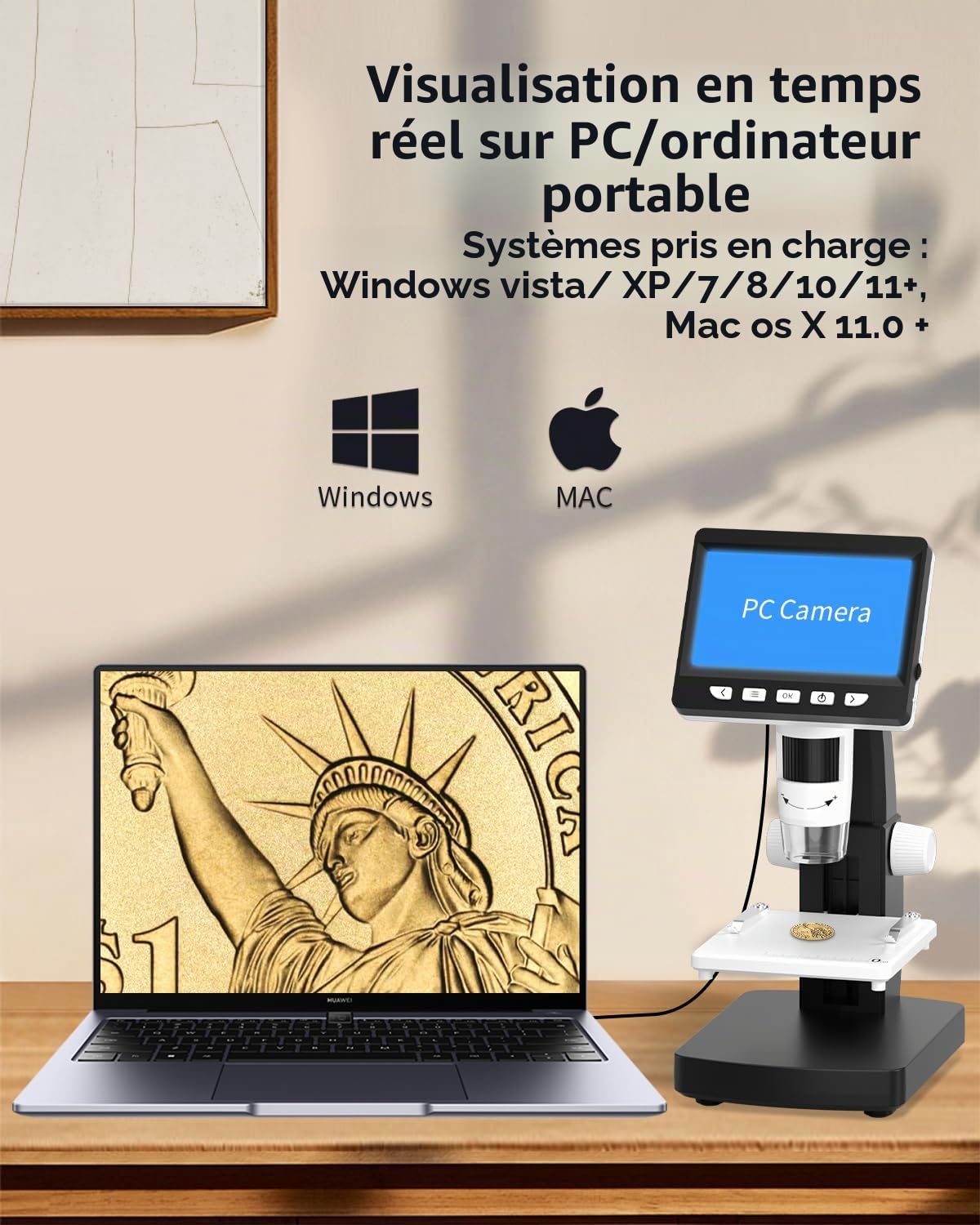 Microscope Numérique Enfant/Adulte, Loupe avec Un Écran de 4,3 Pouces et 8 LED, Grossissement 50x-1000x, Compatible avec Windows/Mac (306-B)
