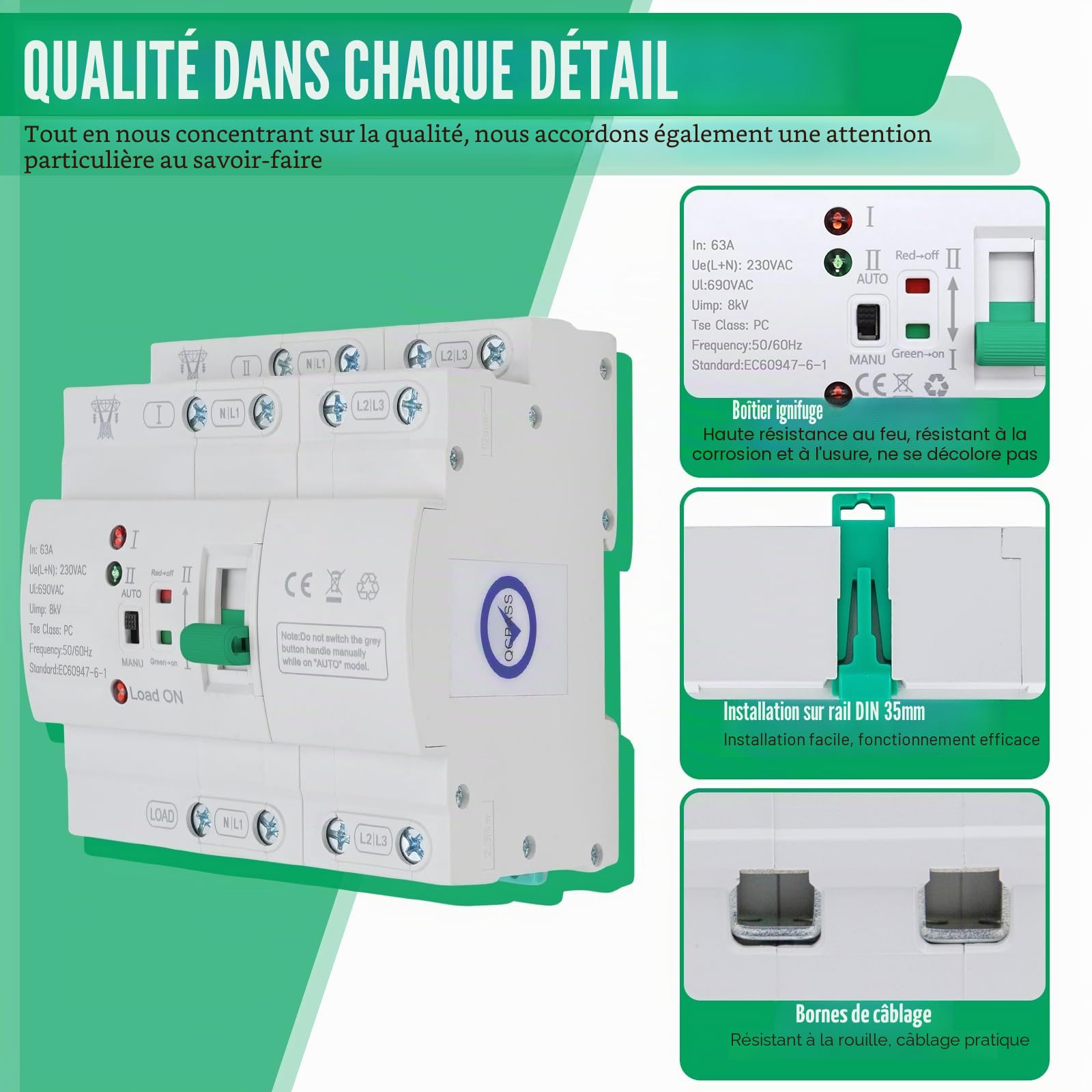 Commutateur de Transfert Automatique, ATS 4P 63A 400V pour Rail DIN | Commutateur Bipolaire Double Alimentation, Commutateurde Charge Électrique pour Alimentation Triphasée