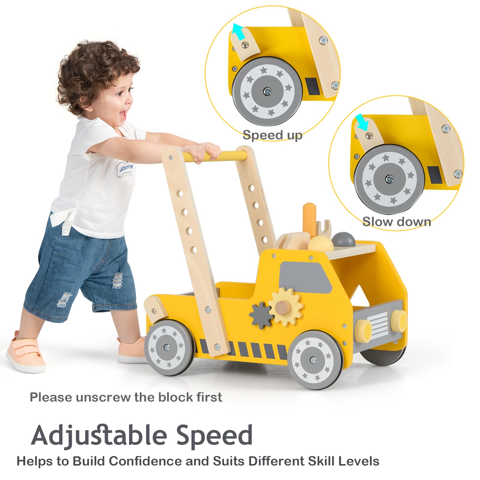 LIFEZEAL Girello, in Legno, Girello per Bambini, con 4 Ruote, Primi Passi per Bambini con Giocattoli Montessori, Baby Walker a Forma di Camion, Carrellino con Banco da Lavoro per Bimbi, Giallo