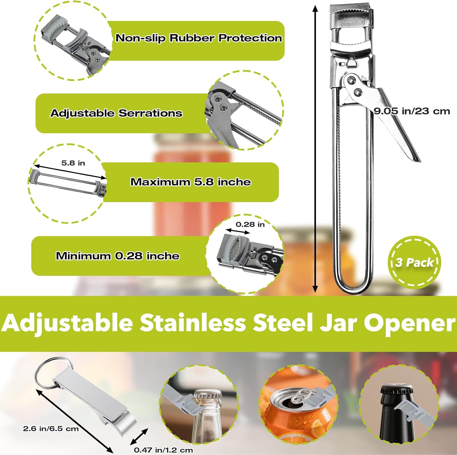 3-Pack Adjustable Stainless Steel Jar Opener - Multifunctional Jar Opener for Weak Hands, Seniors with Arthritis - Includes Keychain Opener - Opens Jars, Bottles, Containers Easily，Kitchen Accessories