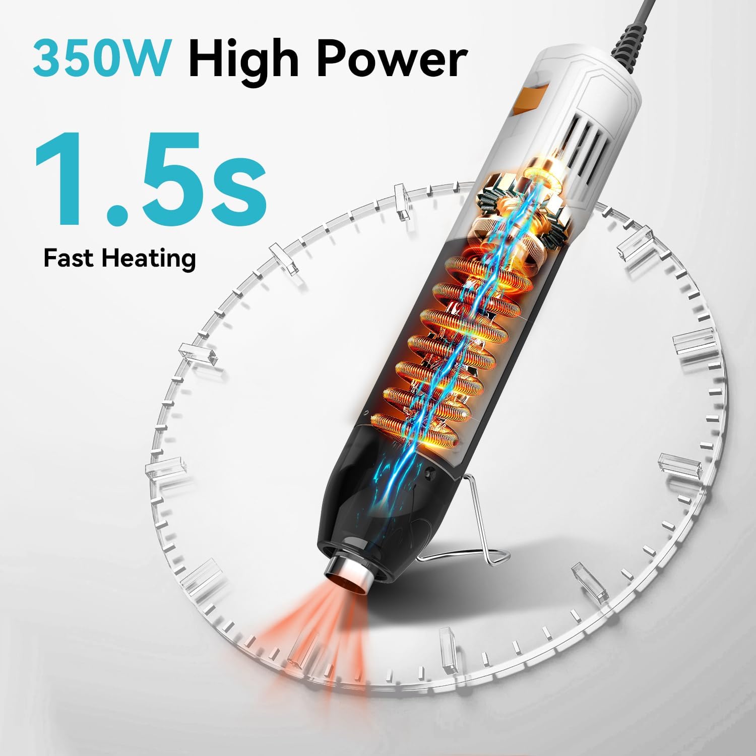 Illustration of the DELI Mini Heat Gun's internal heating element and fast heating capability