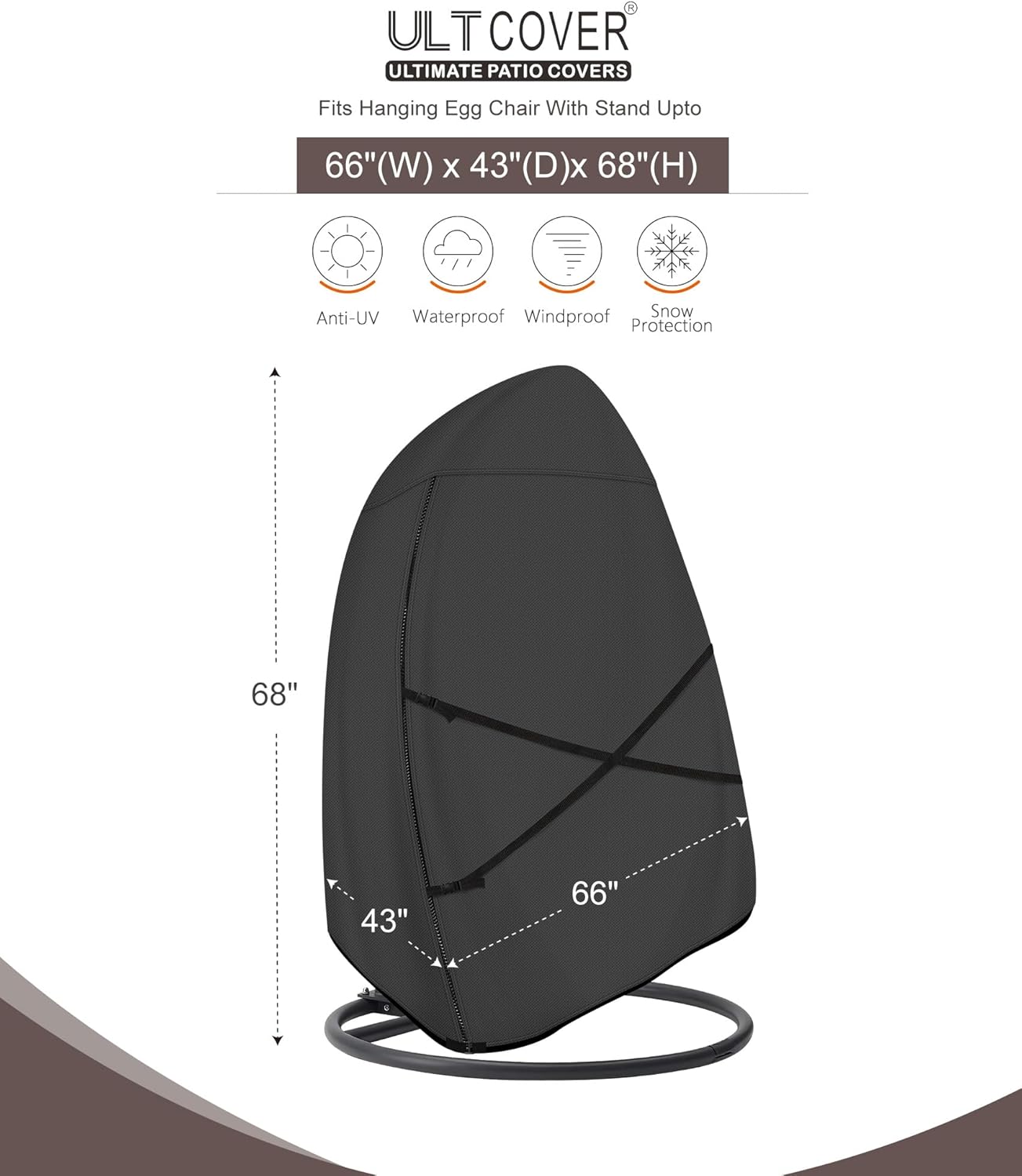 ULTCOVER Patio Hanging Egg Chair Cover - Waterproof Outdoor Double Seat Swing Egg Chair with Stand Cover 66W x 43D x 68H inches, Black