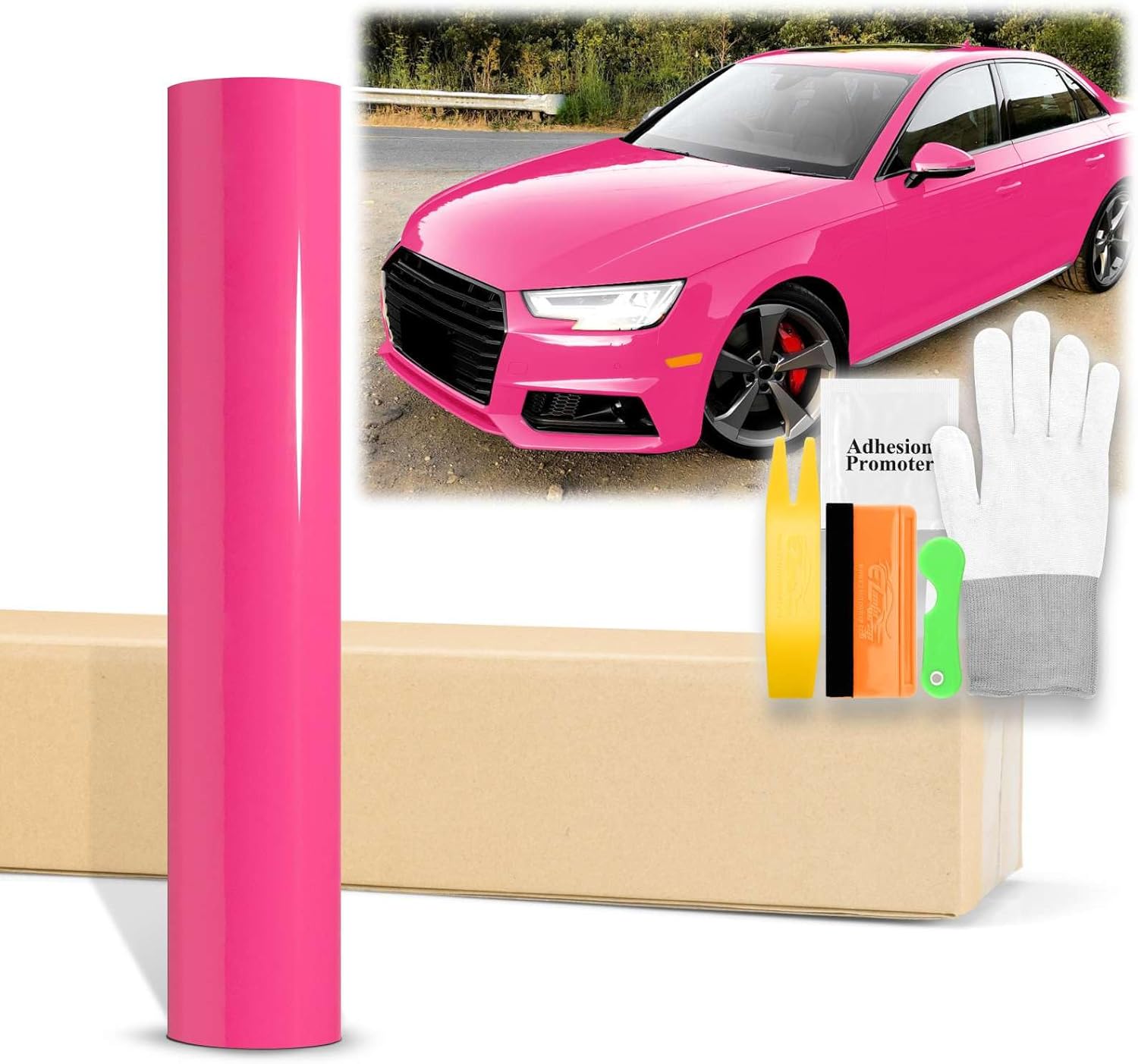 60"x720" (5FTx60FT) Rose Red High Gloss Glossy Vinyl Wrap Auto Car Sticker Decal Film Sheet Bubble Free Air Release Technology with Tool Kit