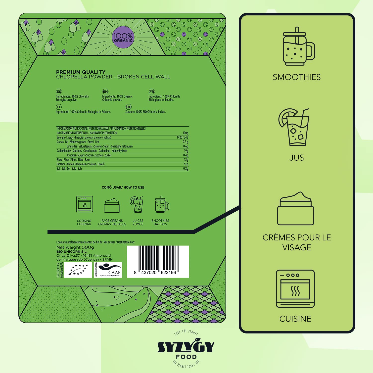 SYZYGY FOOD - Chlorella en Poudre Certifiée Bio - 500g - Chlorella 100% BIO - Paroi Cellulaire Brisée - Détox - Vegan - Protéines Végétales - Satiétant - B12 - Vitamines - Minéraux