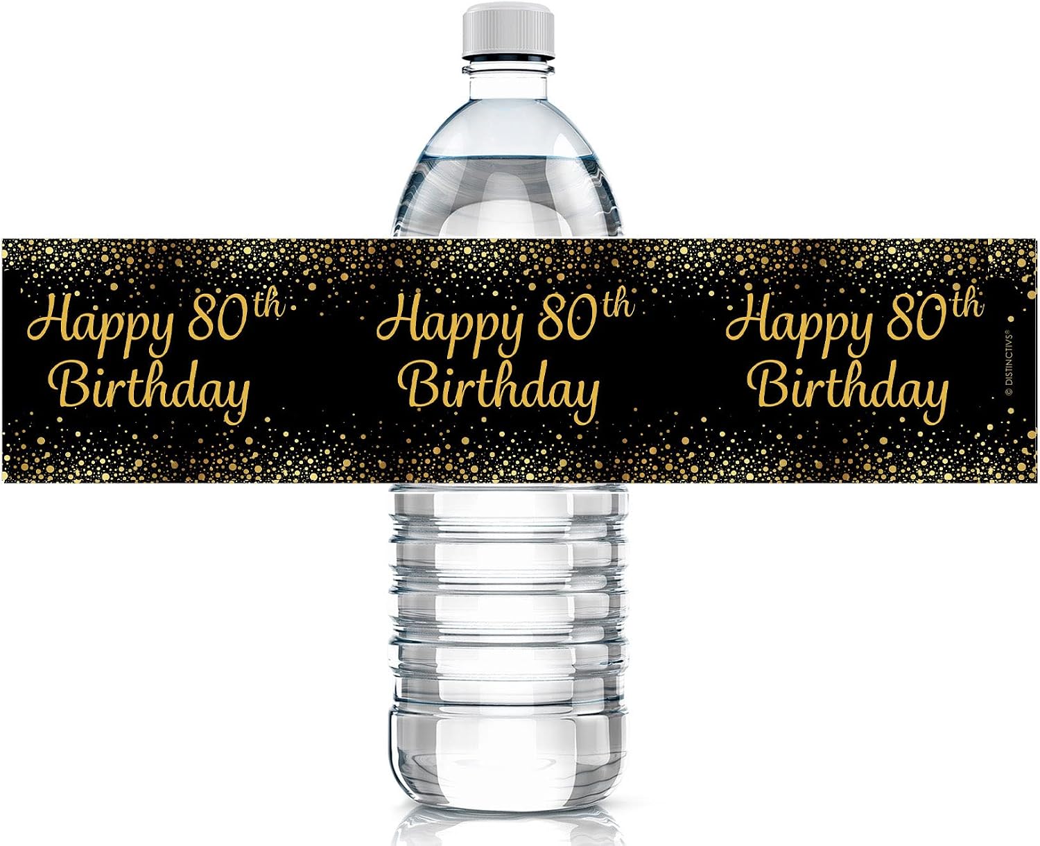 Black and Gold 80th Birthday Party Water Bottle Labels - 24 Stickers