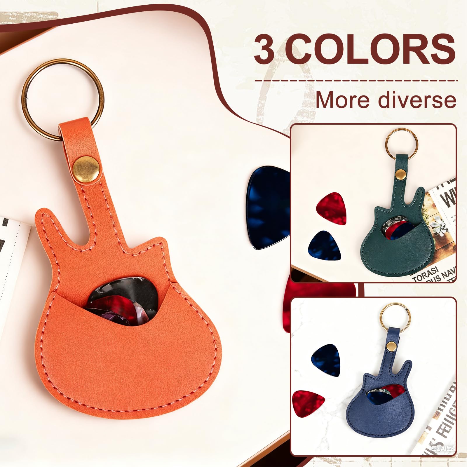 Piórnik na gitarę, przenośny uchwyt na kostki ze skóry PU z gniazdami, wielofunkcyjne przechowywanie gitary Picks, 3 sztuki (zielony, niebieski, pomarańczowy)