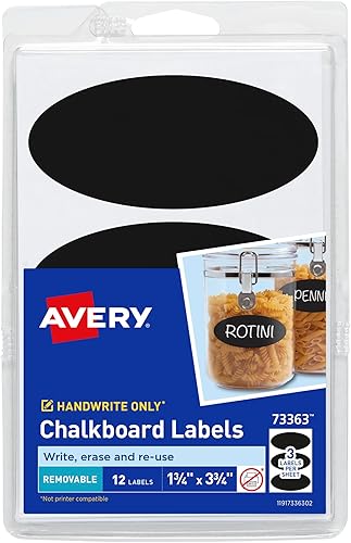 Miniatura 5 de Avery Etiquetas para pizarra, etiquetas extraíbles de 1-34 x 3-34 pulgadas, negras, no imprimibles, 12 etiquetas ovaladas en total (73363) (paquete