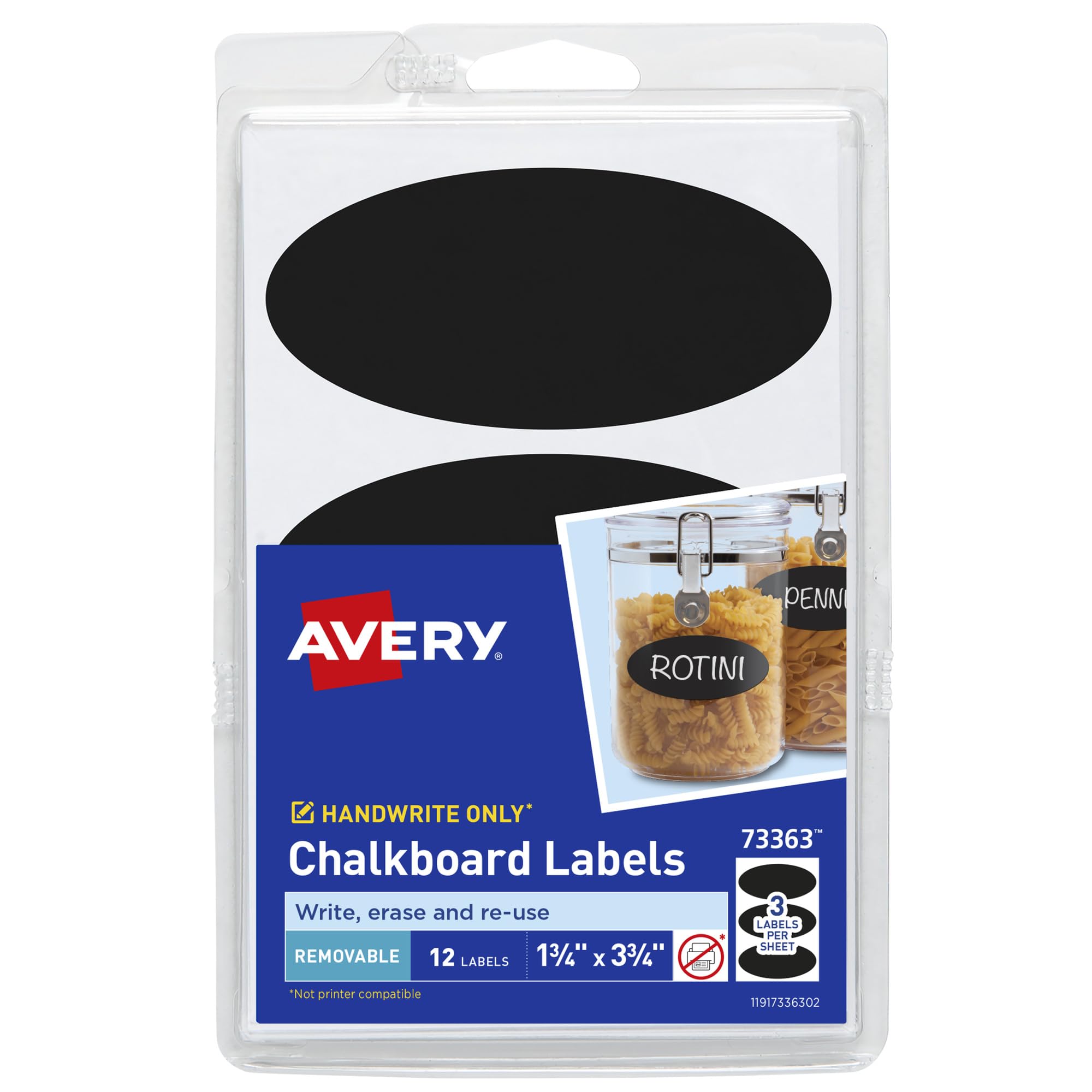 Chalkboard Labels, 1.75" x 3.75" Oval Labels, Black, Non-Printable, 12 Total (73363)
