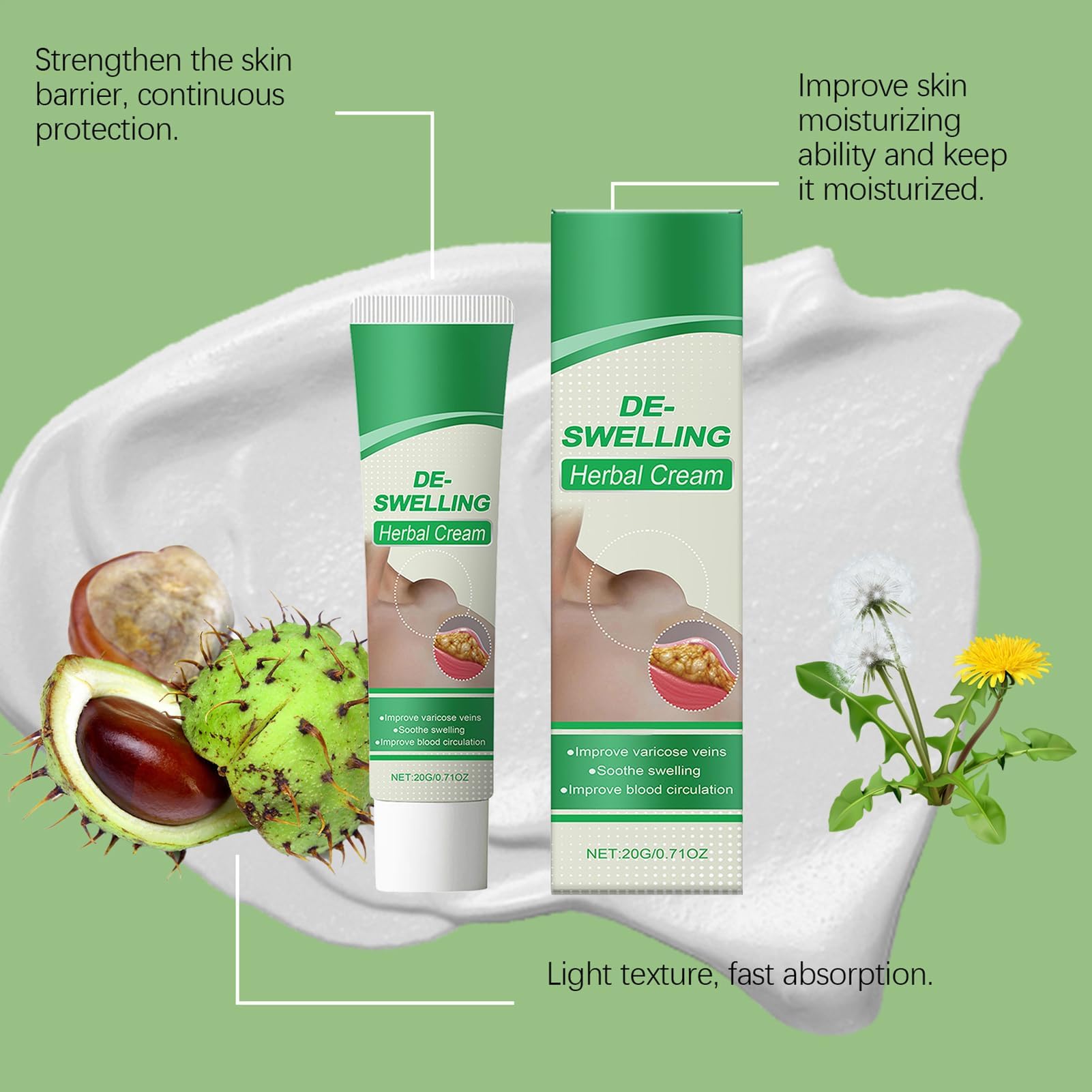Crème Détox Lymphatique Her-Bal, Baume Naturel Hydratant Doux, Crème Anti-Gonflement Naturelle pour les Jambes, Lotion Apaisante Anti-Cellulite, Soulage les Poches