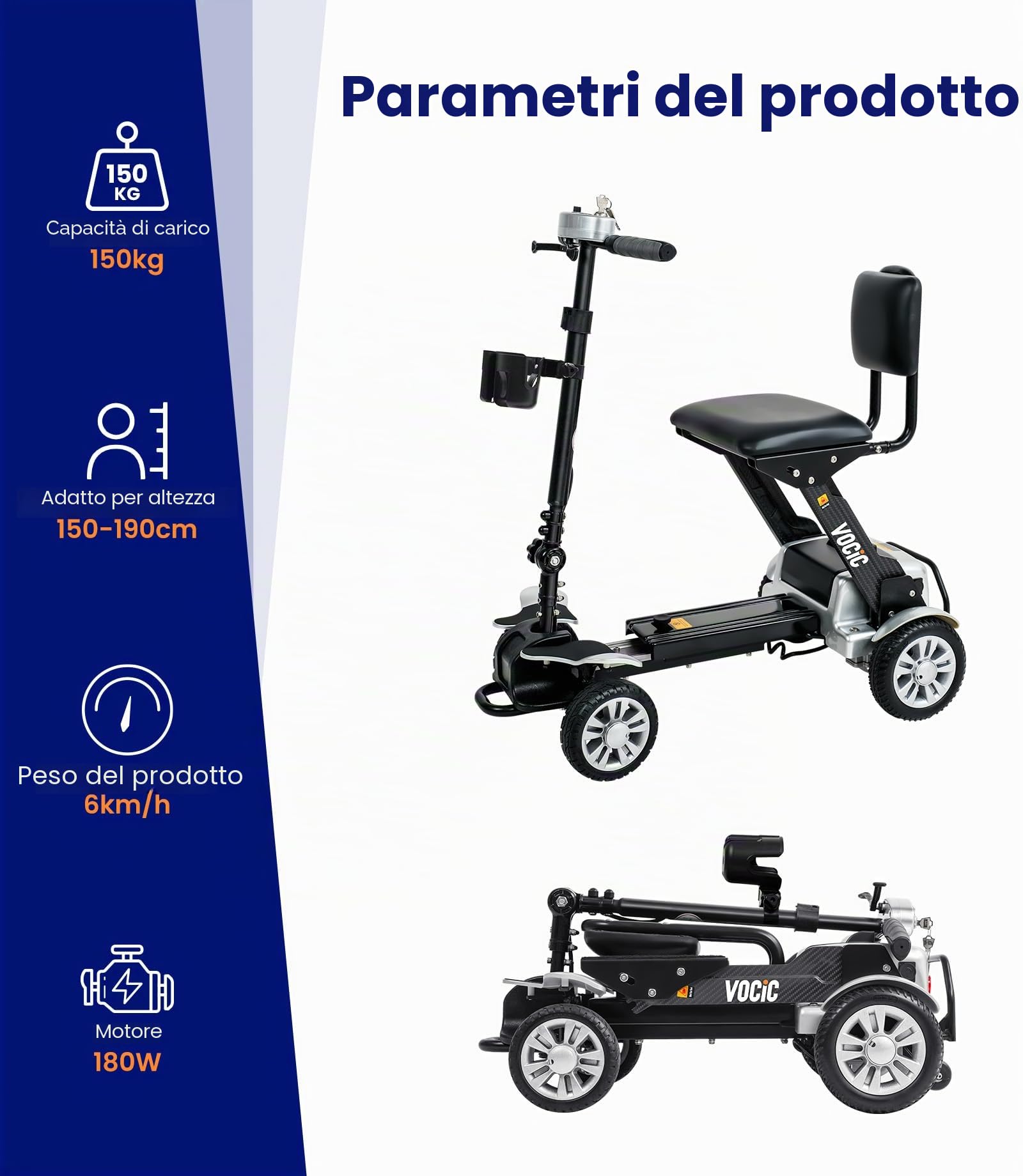 VOCIC D71 Scooter elettrico pieghevole disabili, 21 kg fibra di carbonio | con telaio regolabile fino a 150 kg, pieghevole, certificato aereo 20 chilometri, 5 anni (argento)