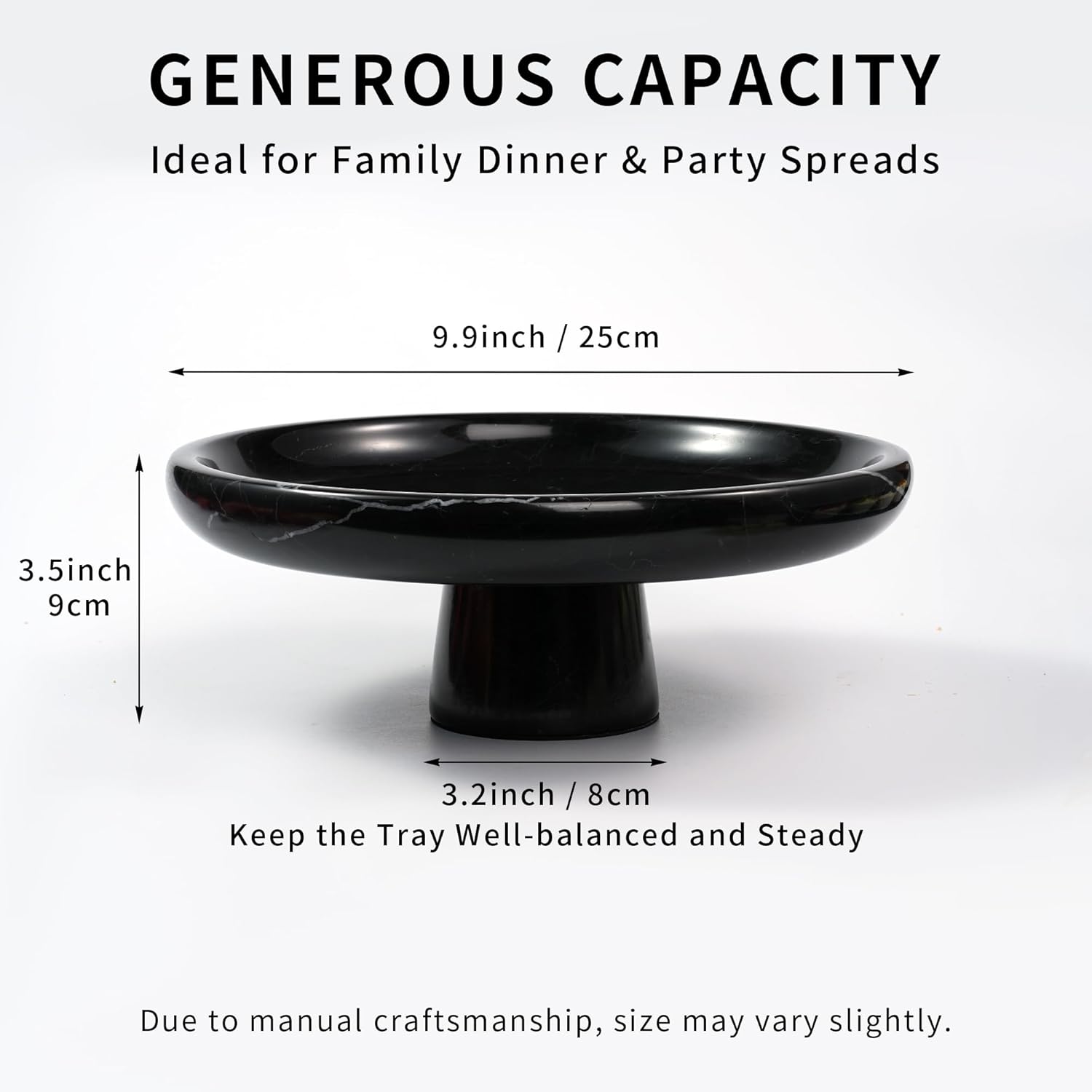 Marble Fruit Bowl for Kitchen - 9.9" Black Decorative Stone Pedestal Bowls for Home Decor, Footed Fruits Holder For Dining Table Counter Organization