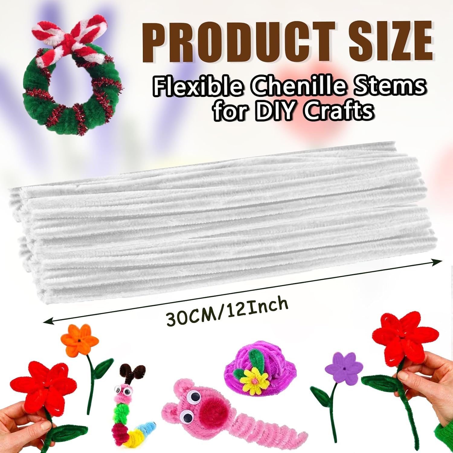 Murtenze 100 Pieces Flexible Pipe Cleaners, White Chenille Stems Craft Supplies, 6 mm x 12 Inch for DIY Crafts Project/Decorators