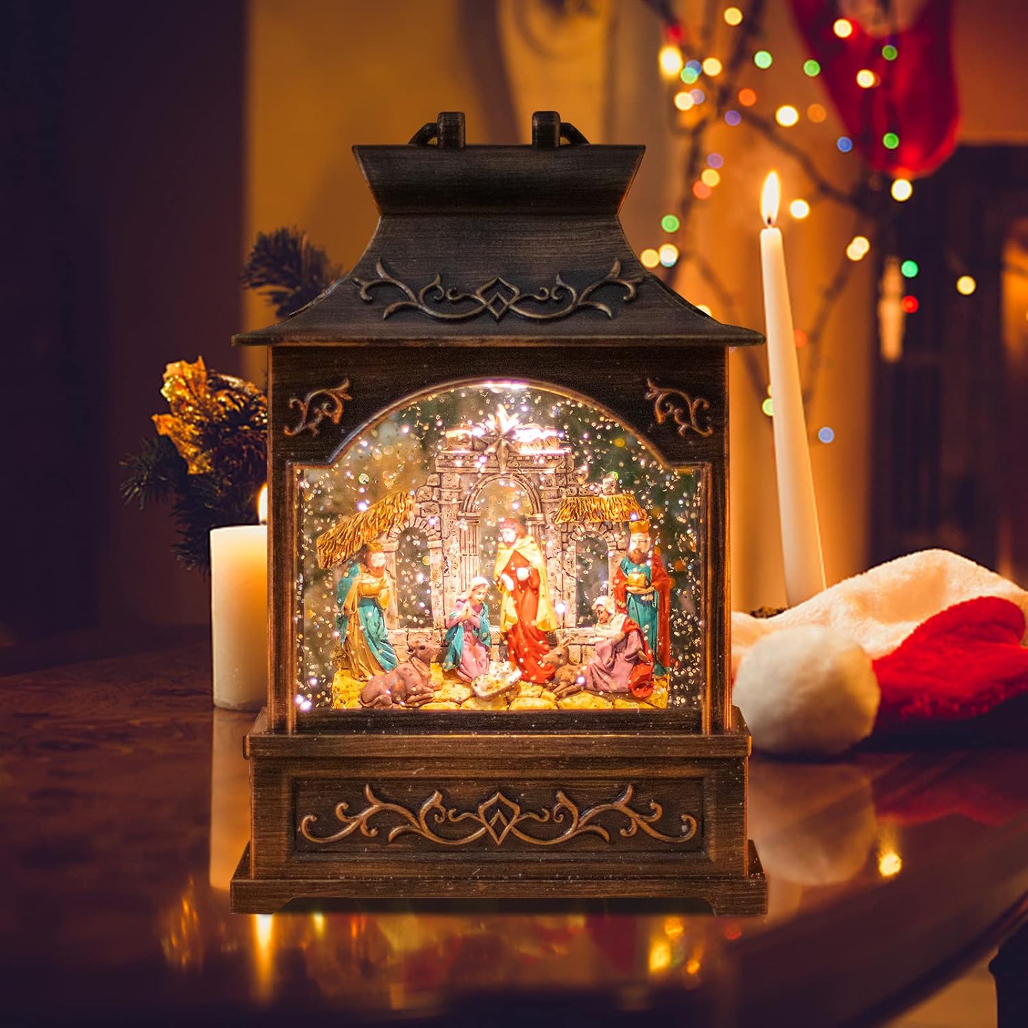 MUMTOP Christmas Nativity Snow Globe Lantern Musical Swirling Glitter Light