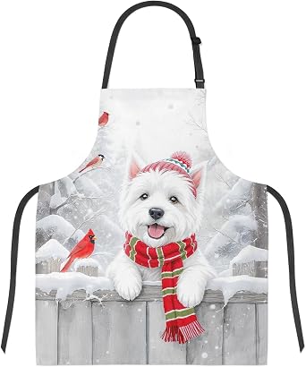 Playful Dog Wel Winter Snowy Day with Cardinal Bird Apron for Cooking Grilling Baking Painting Gardening