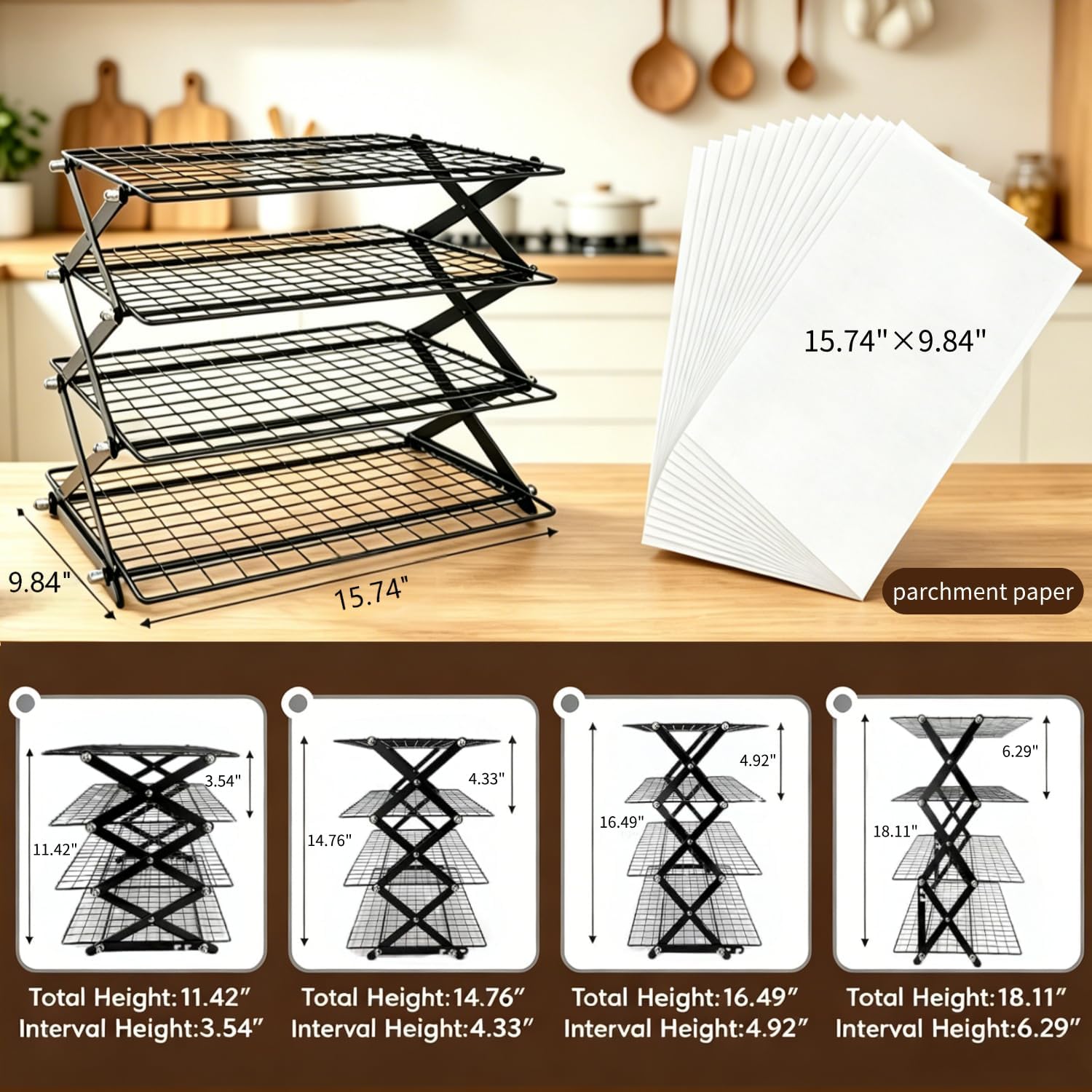 4 Tier Cooling Rack, Collapsible Cooling Racks for Cooking and Baking, Adjustable Cookie Wire Cooling Rack with 20 Sheets Parchment Paper, Baking Gifts for Homemade Bakers