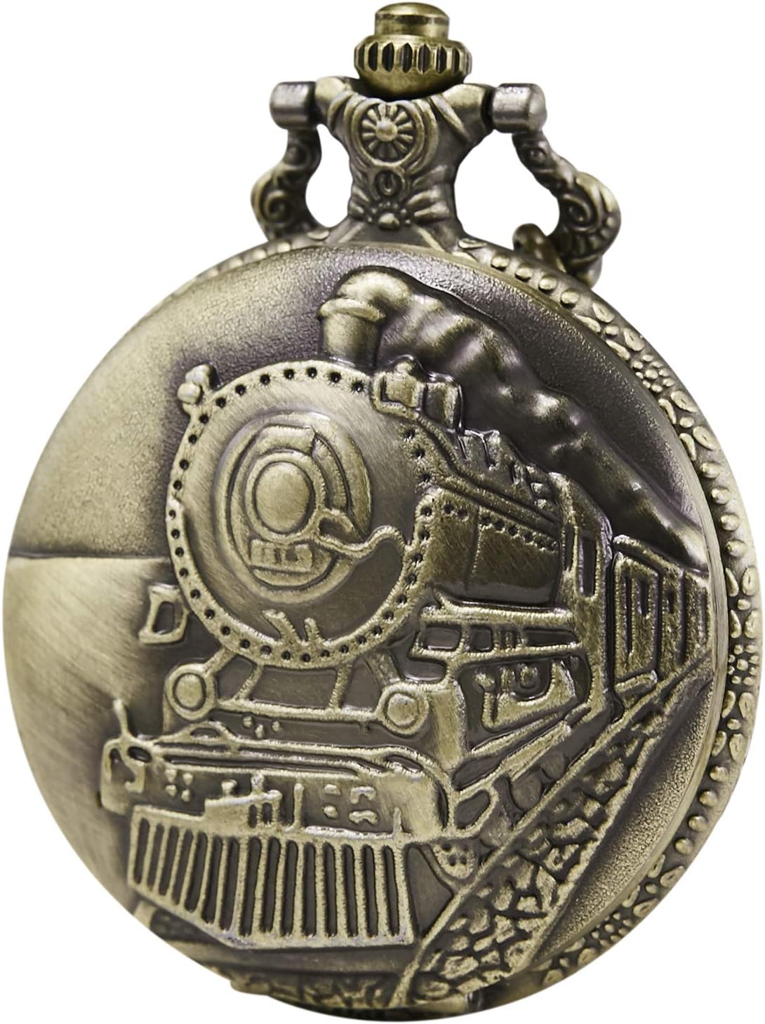MORFONG Pocket Watch Antique Men Women 3D Locomotive Steam Train Railroad Style Quartz, Bronze