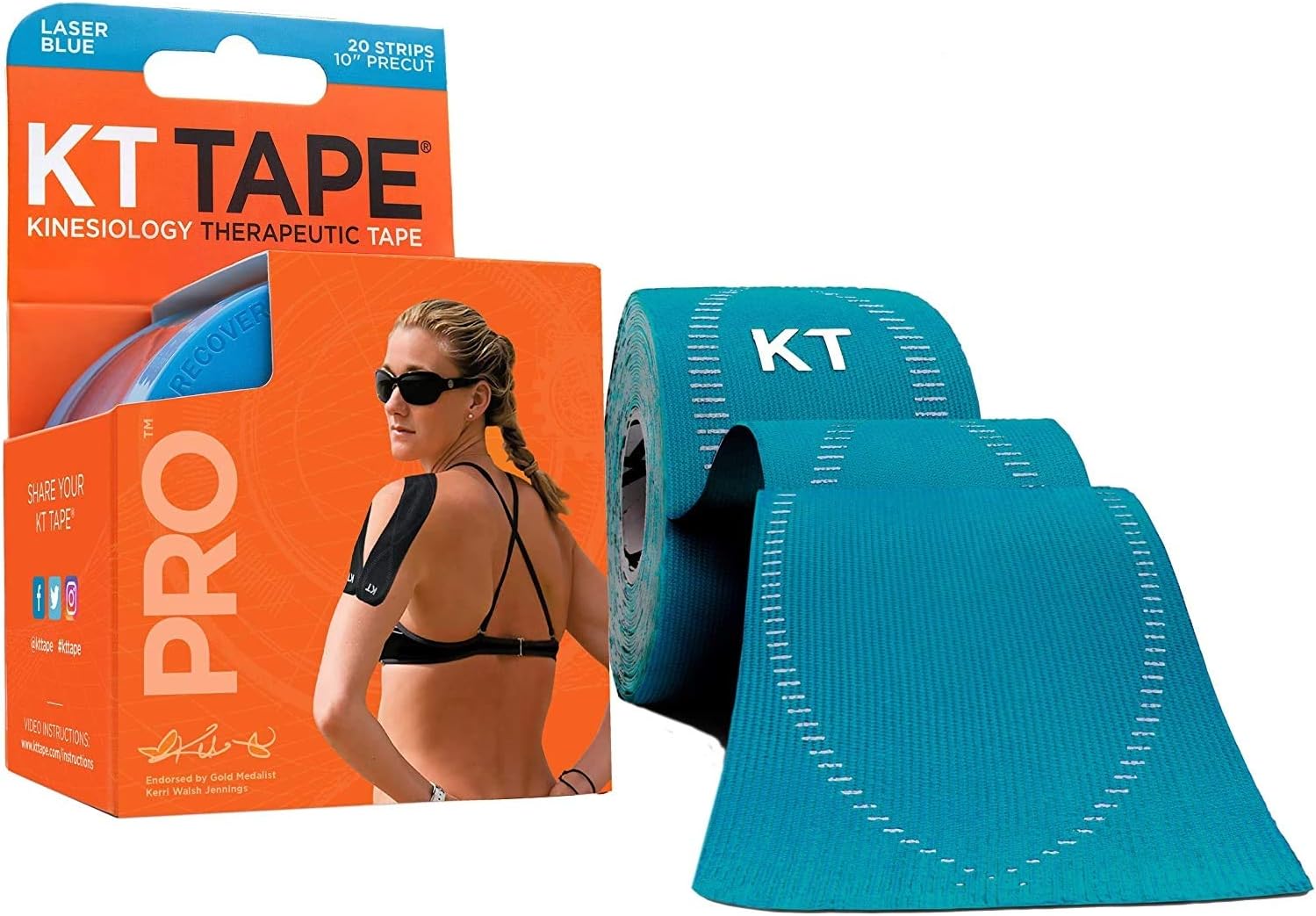 KT Tape Pro Synthetic Kinesiology Therapeutic Sports Tape, 20 Precut,10” Strips（ Blue）