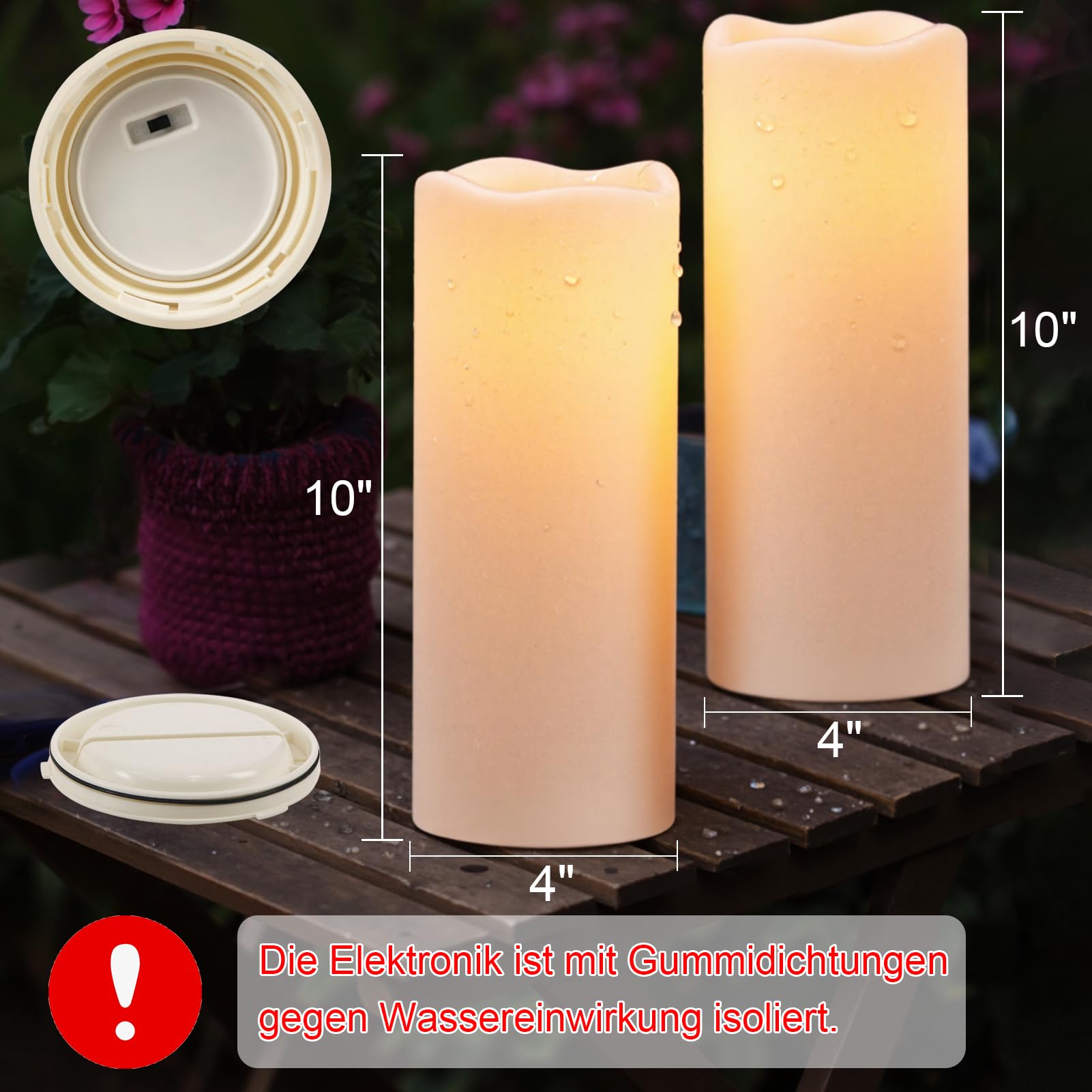 Eldnacele Candele a LED a energia solare, per esterni, impermeabili, a batteria, effetto fiamma, luce tremolante, interruttore crepuscolare auto, set da 2 pezzi (diametro 10 x 25 cm, crema)